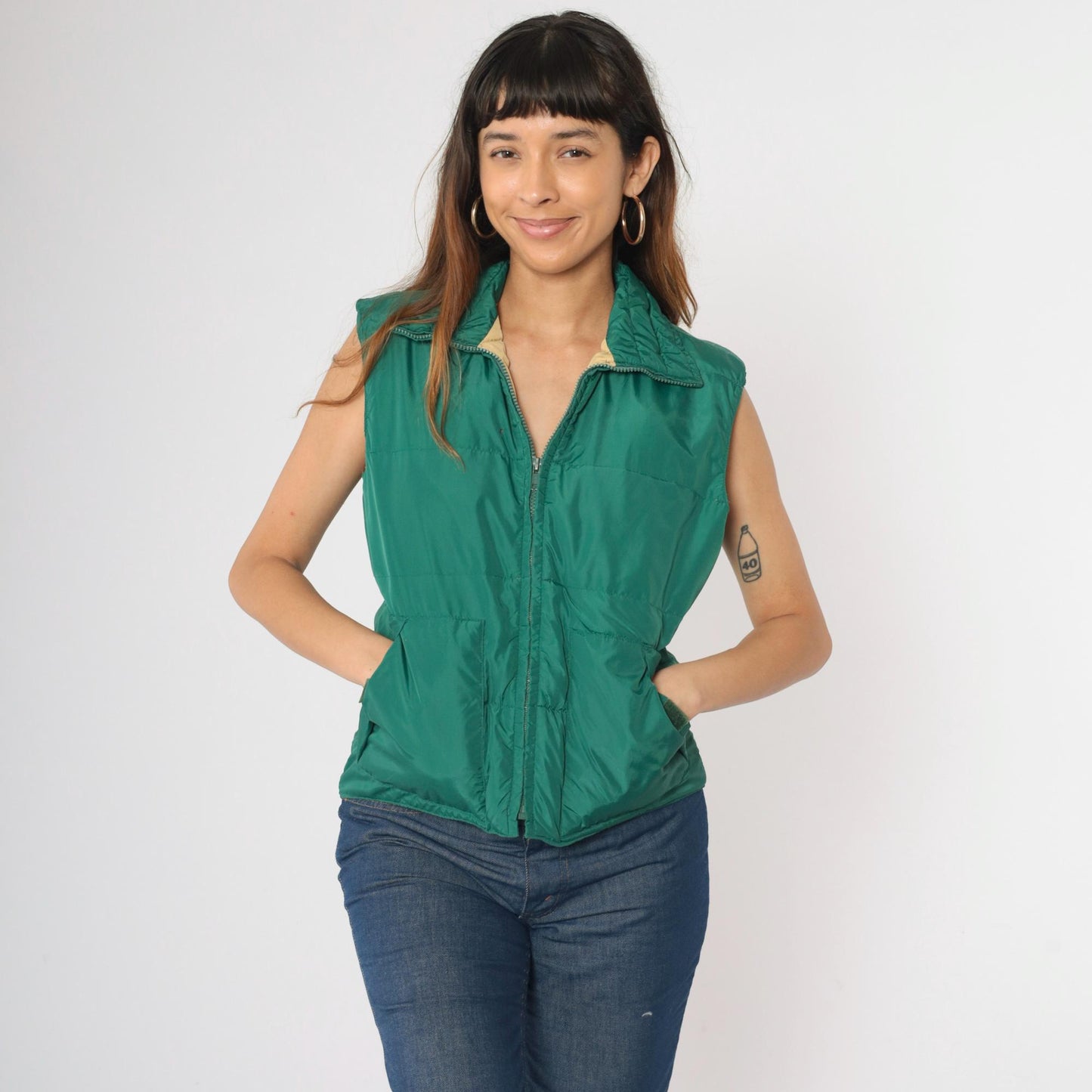 80s Green Puffer Vest Zip-Up Sleeveless Jacket Small S