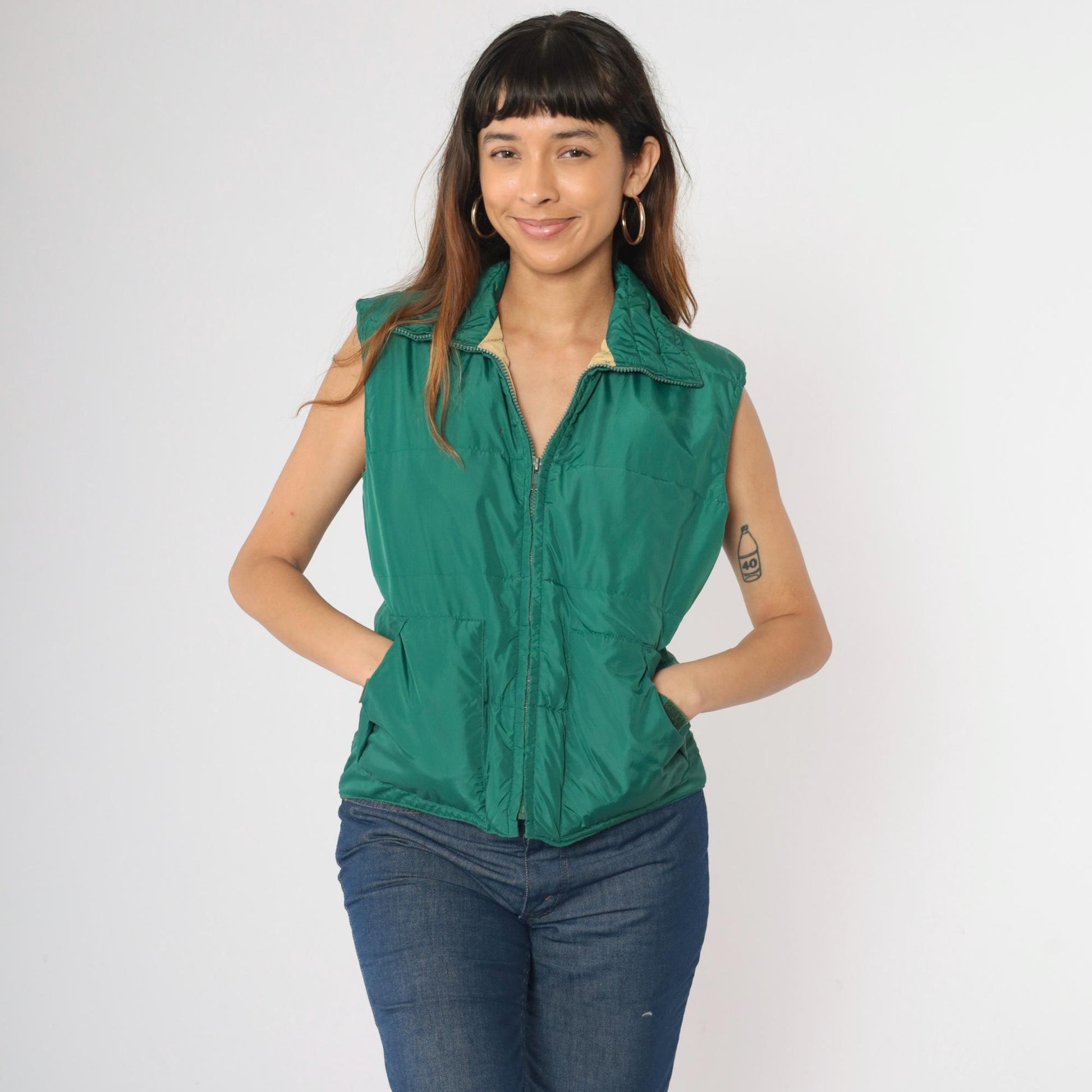 80s Green Puffer Vest Zip-Up Sleeveless Jacket Small S