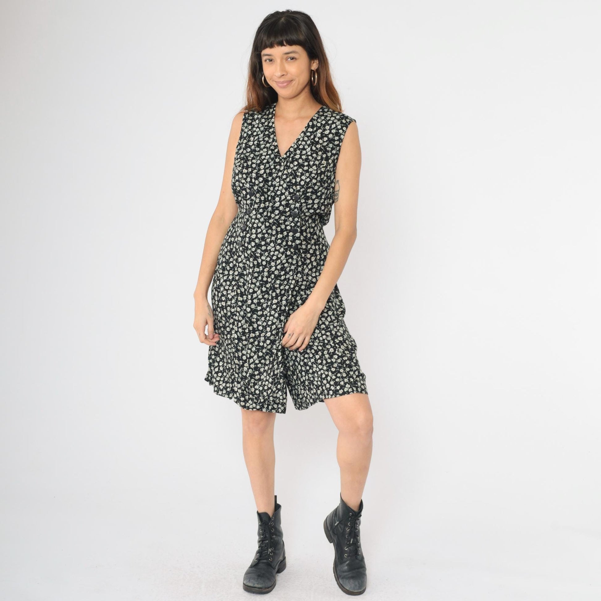 90s Black Floral Romper Dress Wide Leg Sleeveless Button Front Large