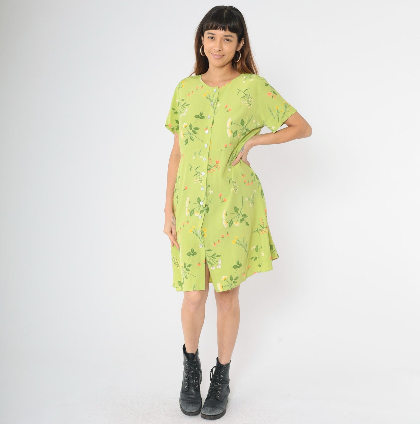 90s Lime Green Floral Rayon Dress High Waist Button Front Knee Length Large