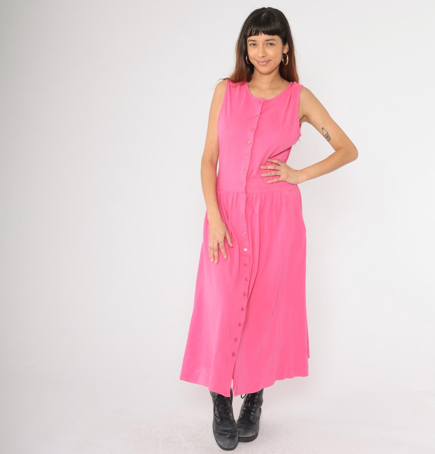 90s Pink Cotton Knit Button-Up Dress Dropped Waist Midi Sleeveless Medium