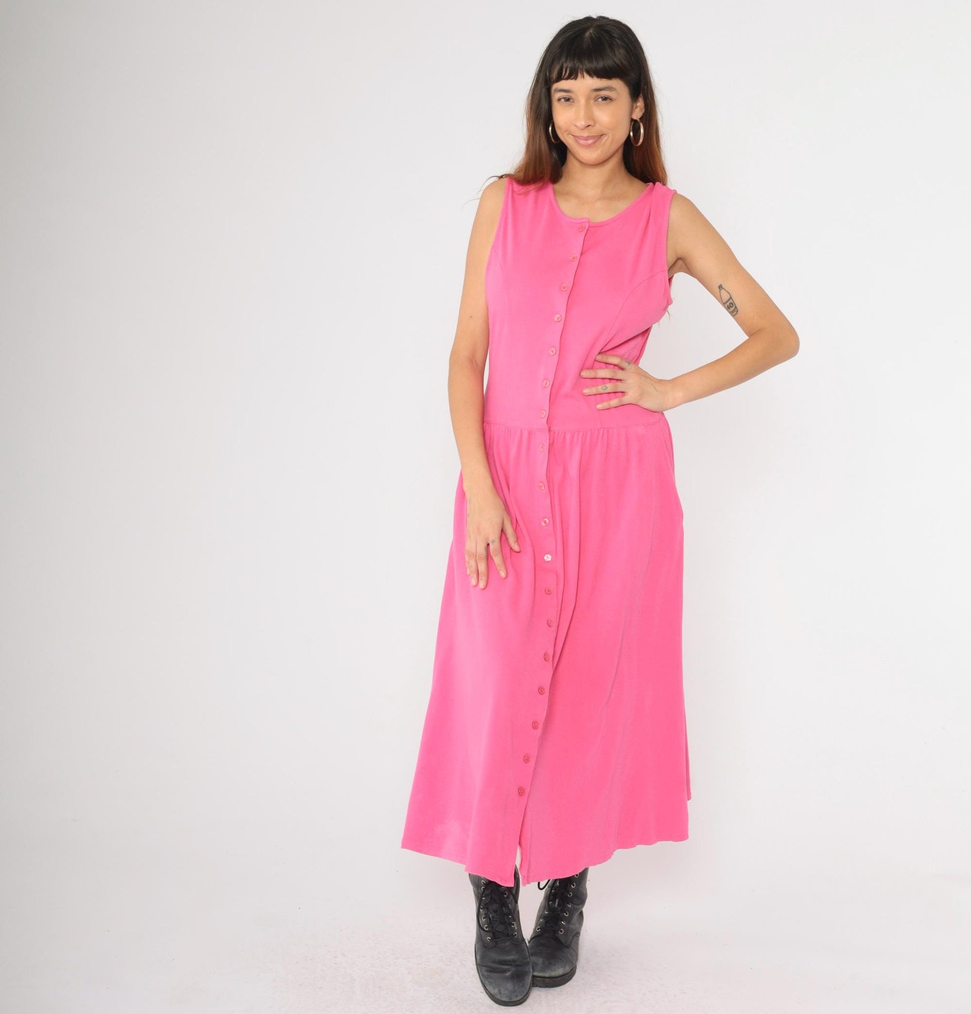 90s Pink Cotton Knit Button-Up Dress Dropped Waist Midi Sleeveless Medium
