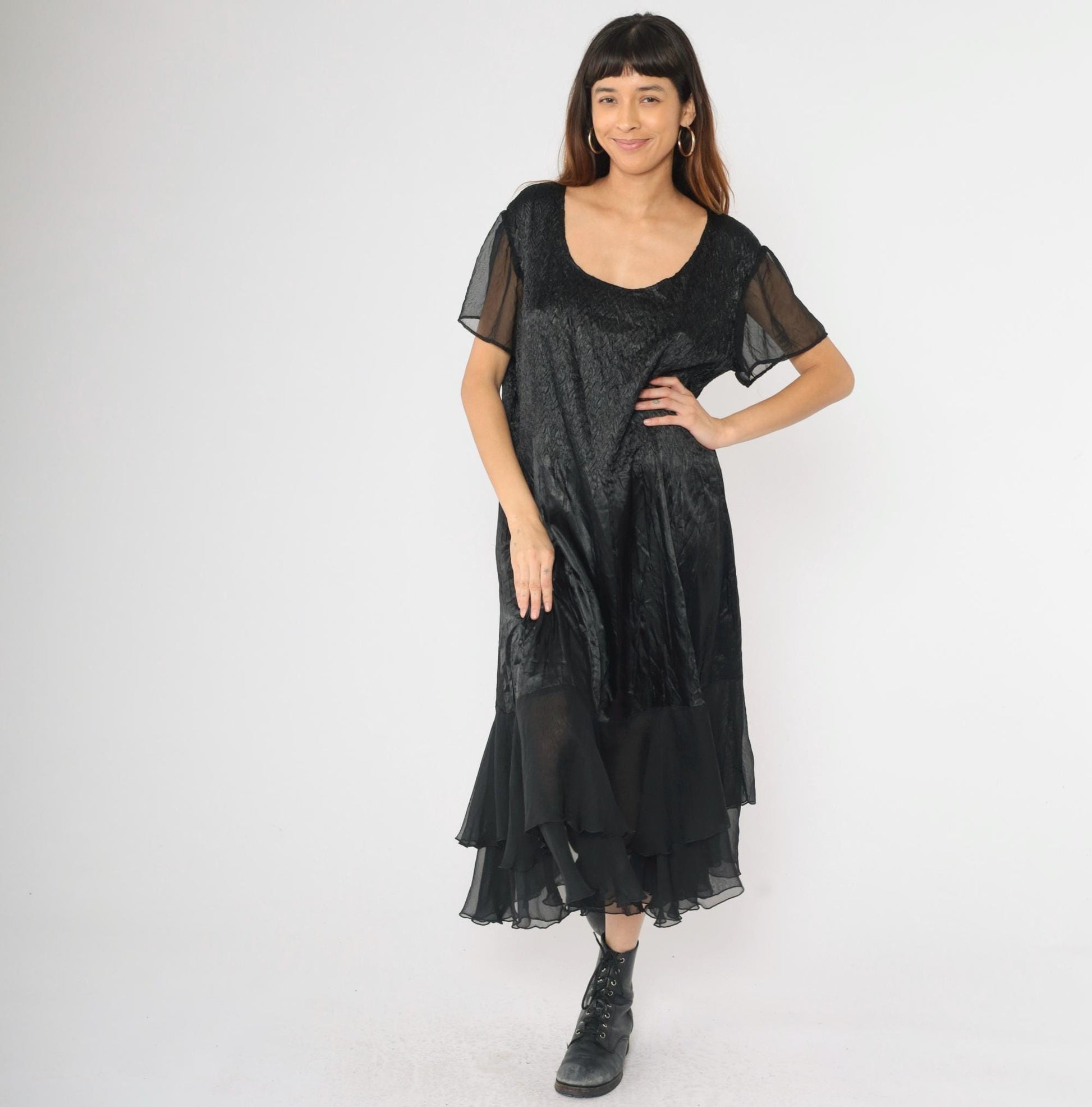 90s Black Satin Tiered Chiffon Midi Dress Flutter Sleeve Scoop Neck Large