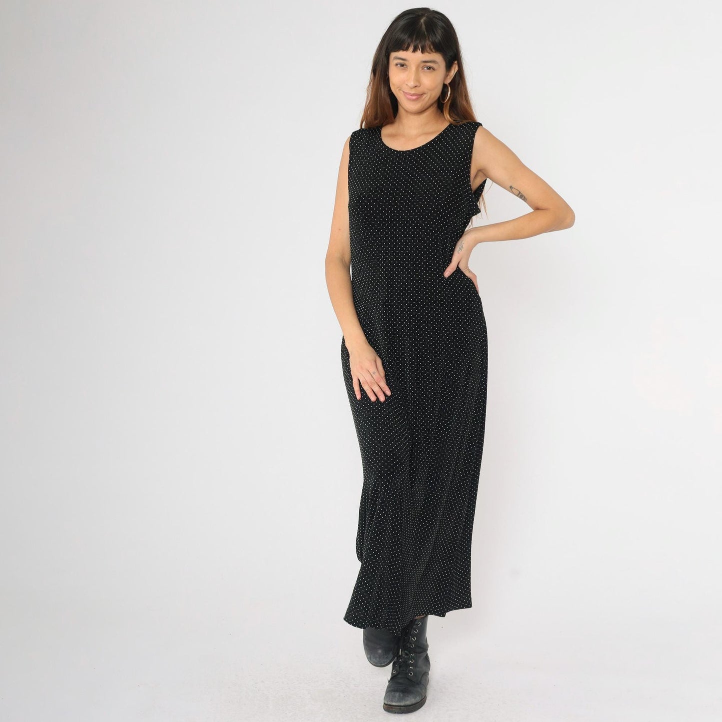 90s Ronni Nicole Black Polka Dot Maxi Dress Sleeveless Round Neck Large 14
