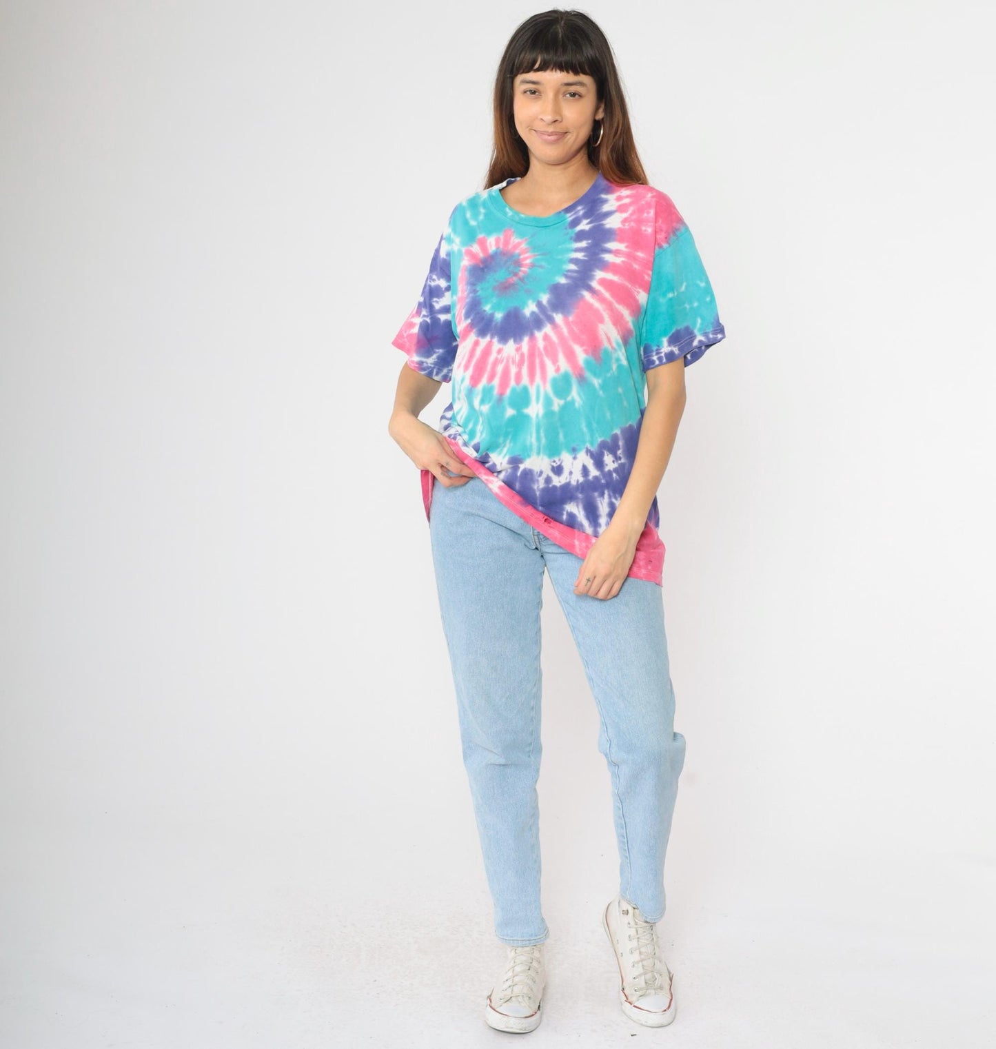 90s Tie Dye Swirl T-Shirt Pink Purple Turquoise Distressed Cotton Crewneck Large