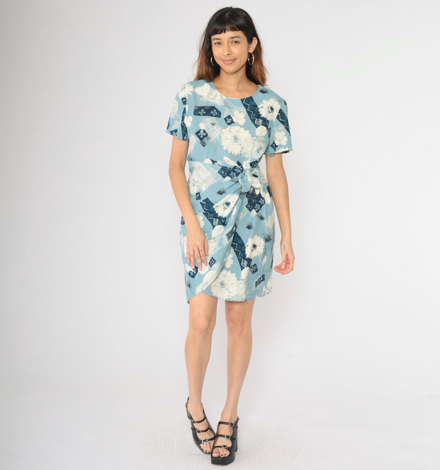 90s Karin Stevens Floral Mini Dress Blue Wrap Tie Rayon Short Sleeve Medium