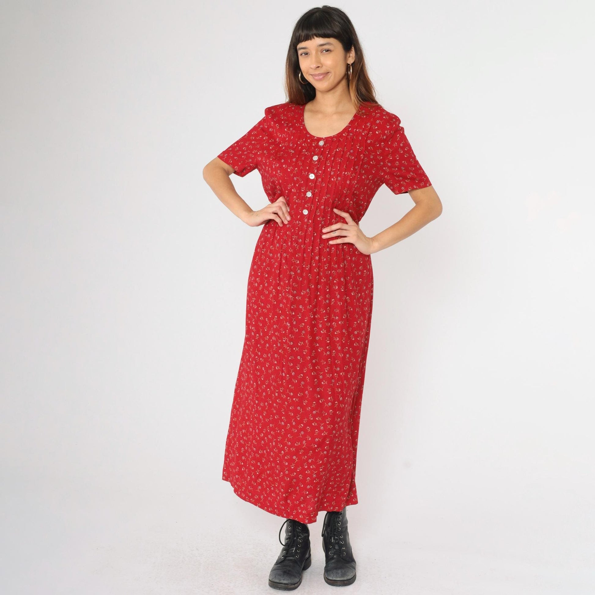 90s Betsy Lauren Red Floral Maxi Dress Scoop Neck Short Sleeve Medium