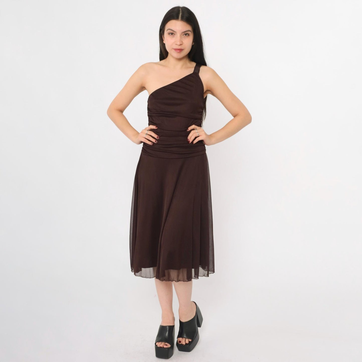 Y2K Brown Mesh One-Shoulder Midi Dress Ruched Asymmetrical Small S