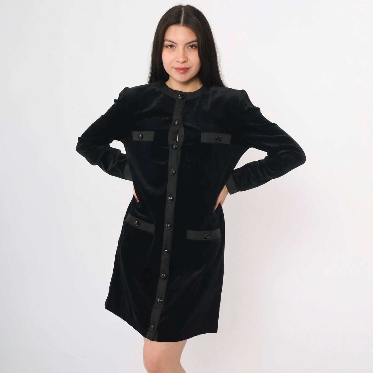80s Black Velvet Jacket Dress Mini Button-Up Long Sleeve Medium