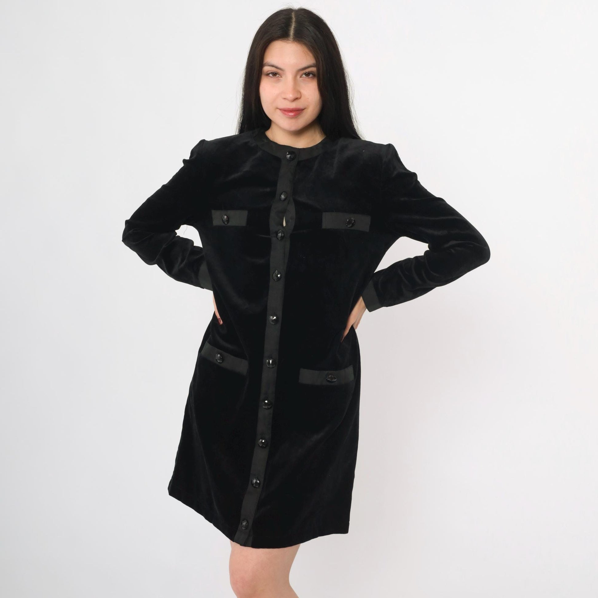 80s Black Velvet Jacket Dress Mini Button-Up Long Sleeve Medium