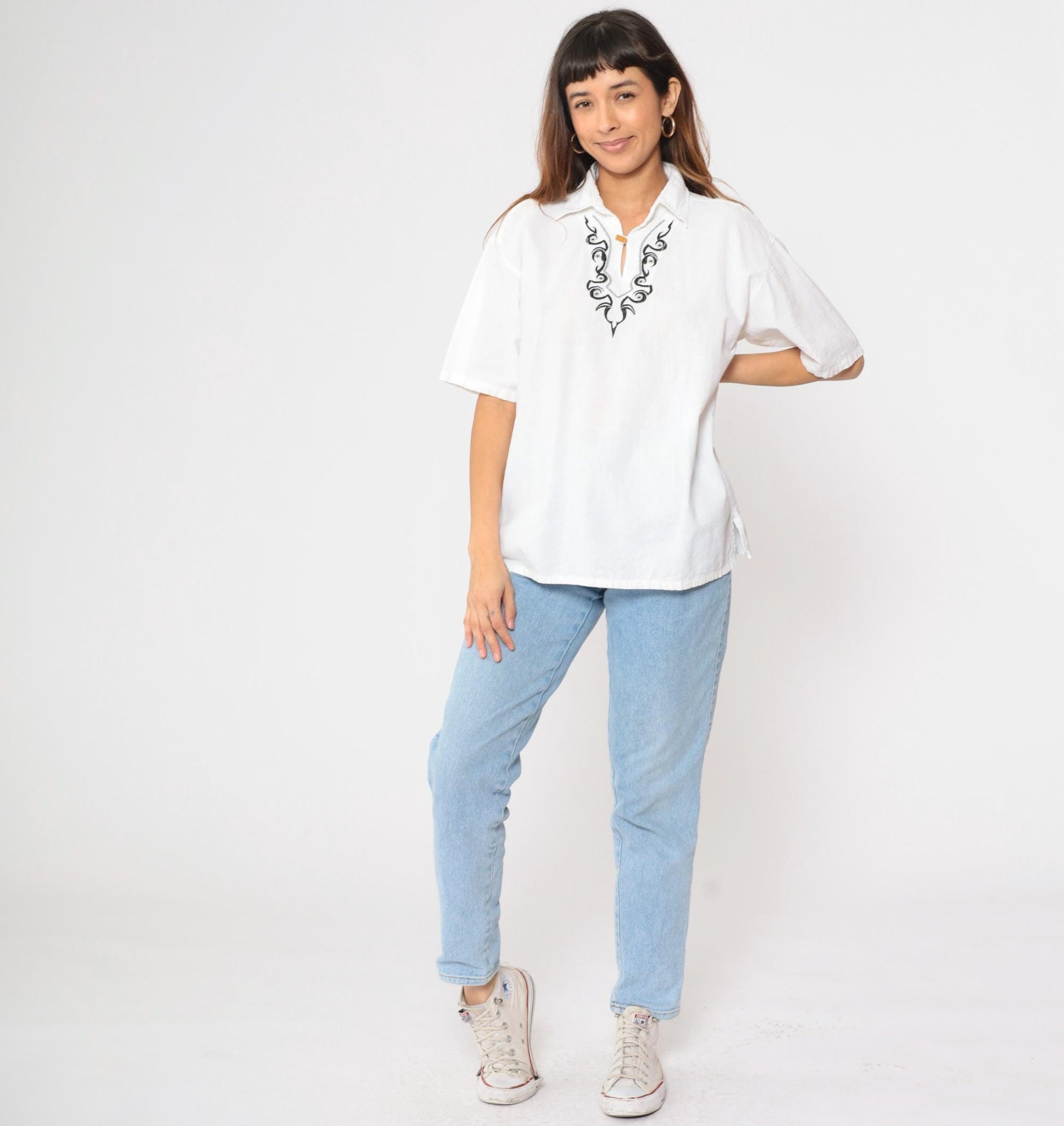 Y2K White Embroidered Tunic Split Neck Blouse Black Stitching Extra Large
