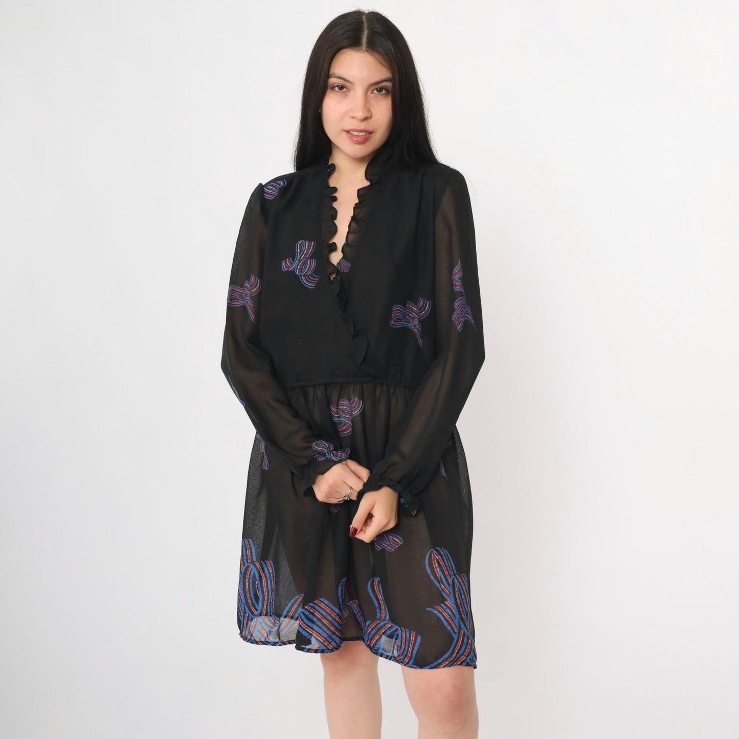 70s Diane Von Furstenberg Black Sheer Mini Dress Ribbon Bow Ruffle Neck Medium