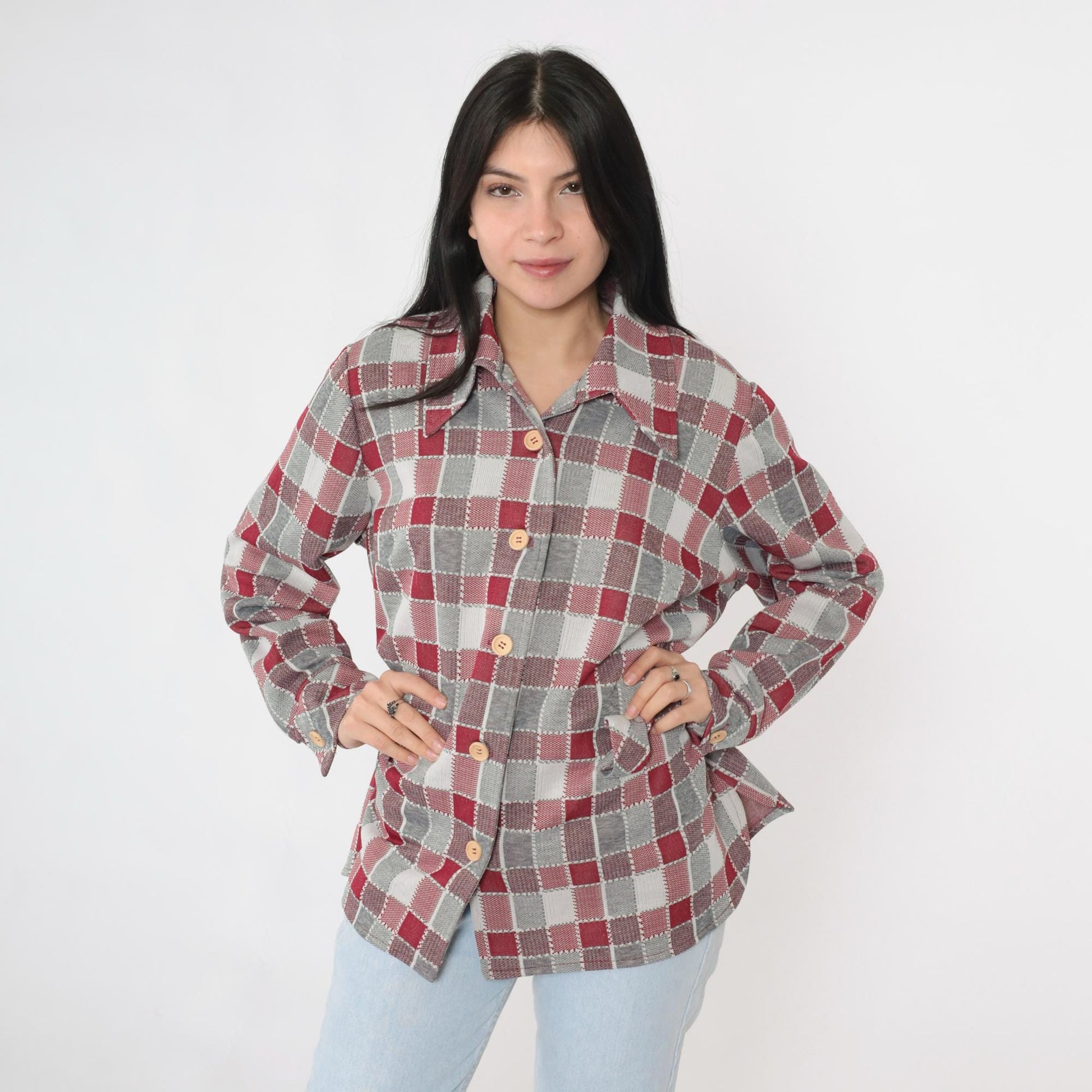 70s Grey Burgundy Plaid Button-Up Shirt Long Sleeve Collared Blouse Extra Large