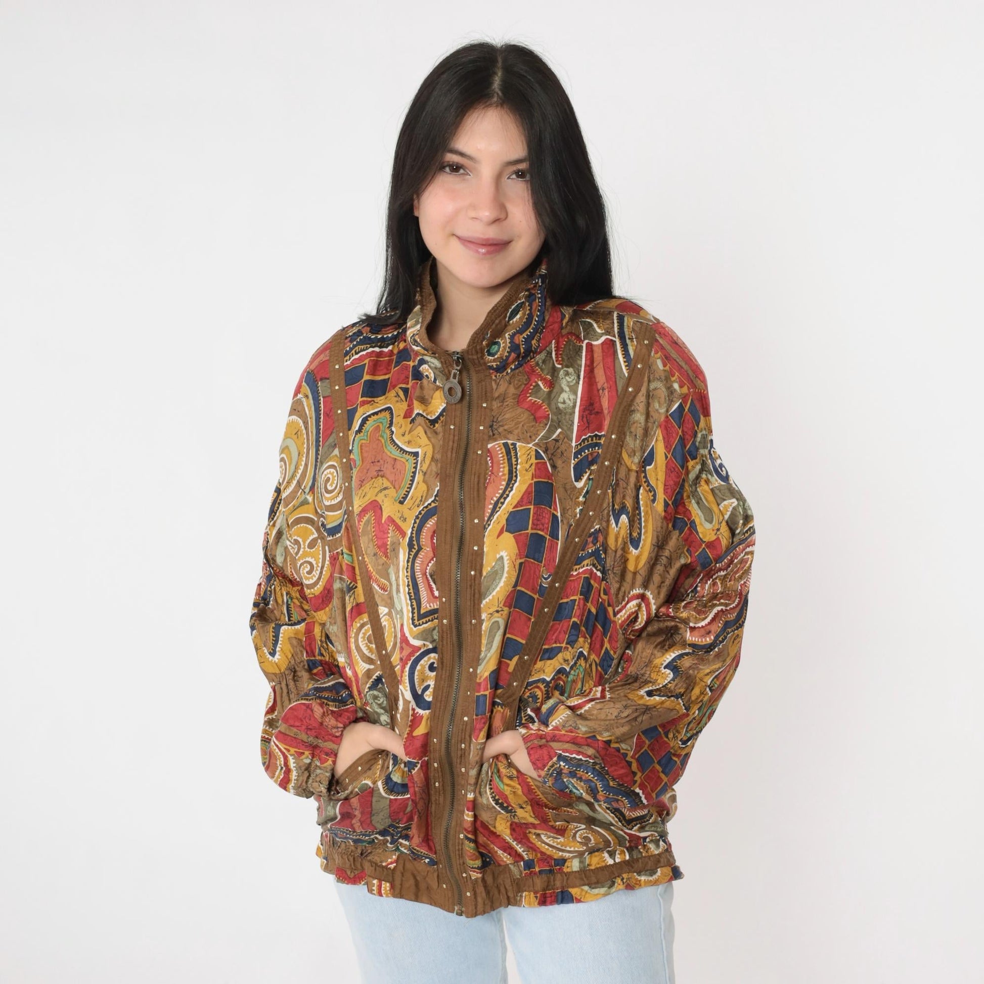 90s Mureli Silk Windbreaker Jacket Abstract Leaf Print Brown Studded Medium M