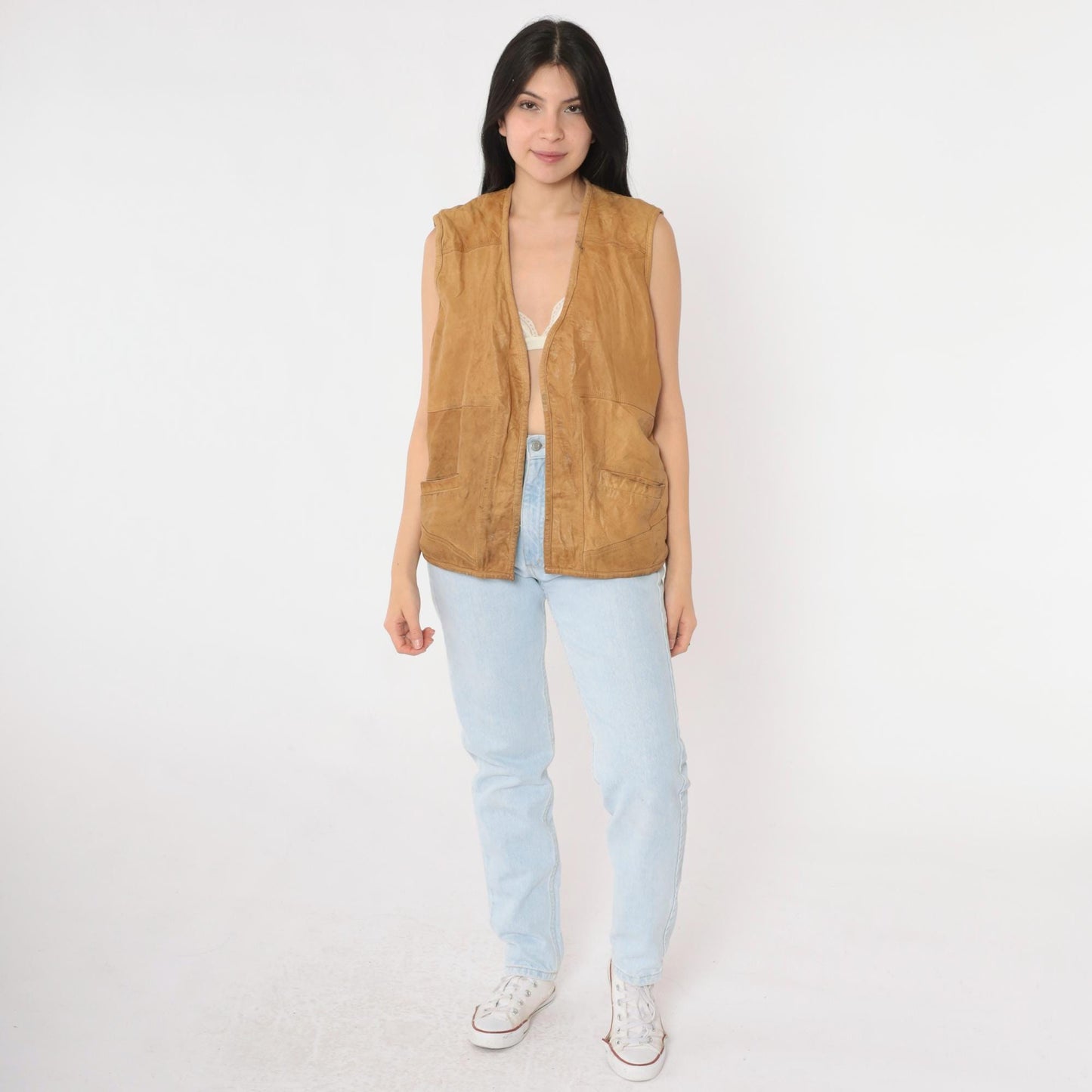 80s Petronio Tan Leather Vest Open Front Utility Large