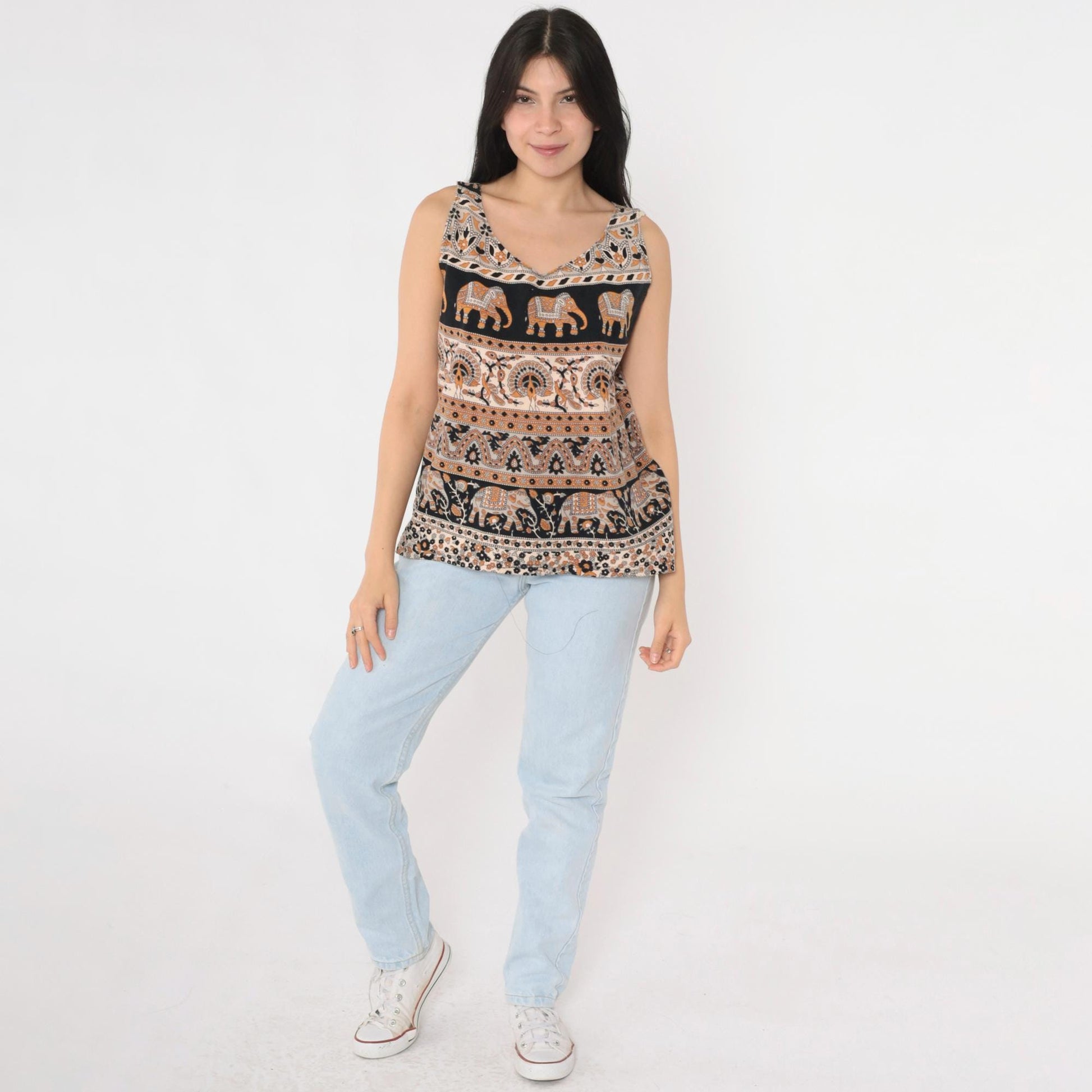 Y2K Elephant Peacock Print Tank Top Scoop Neck Black Orange Medium M