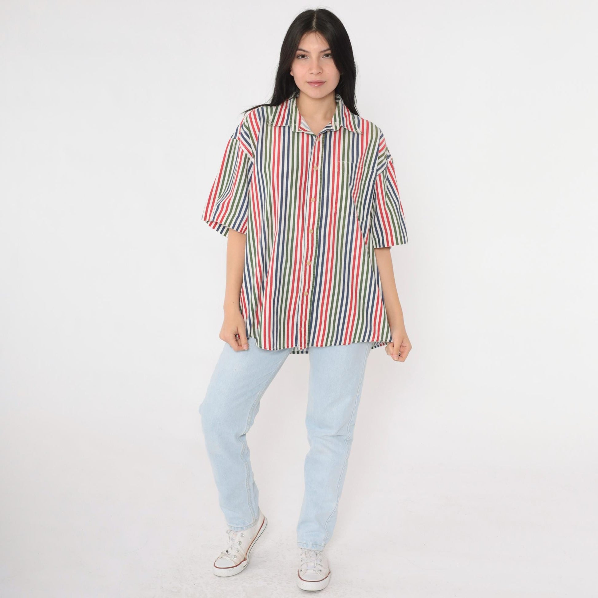90s Appalachian Trail Striped Cotton Button-Up Shirt Green Blue Red Men's Large