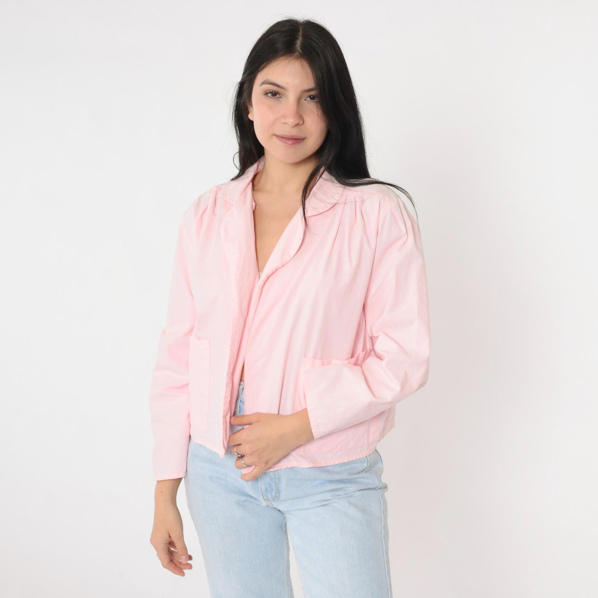 80s Liberated Lady Baby Pink Cotton Open Front Blazer Medium