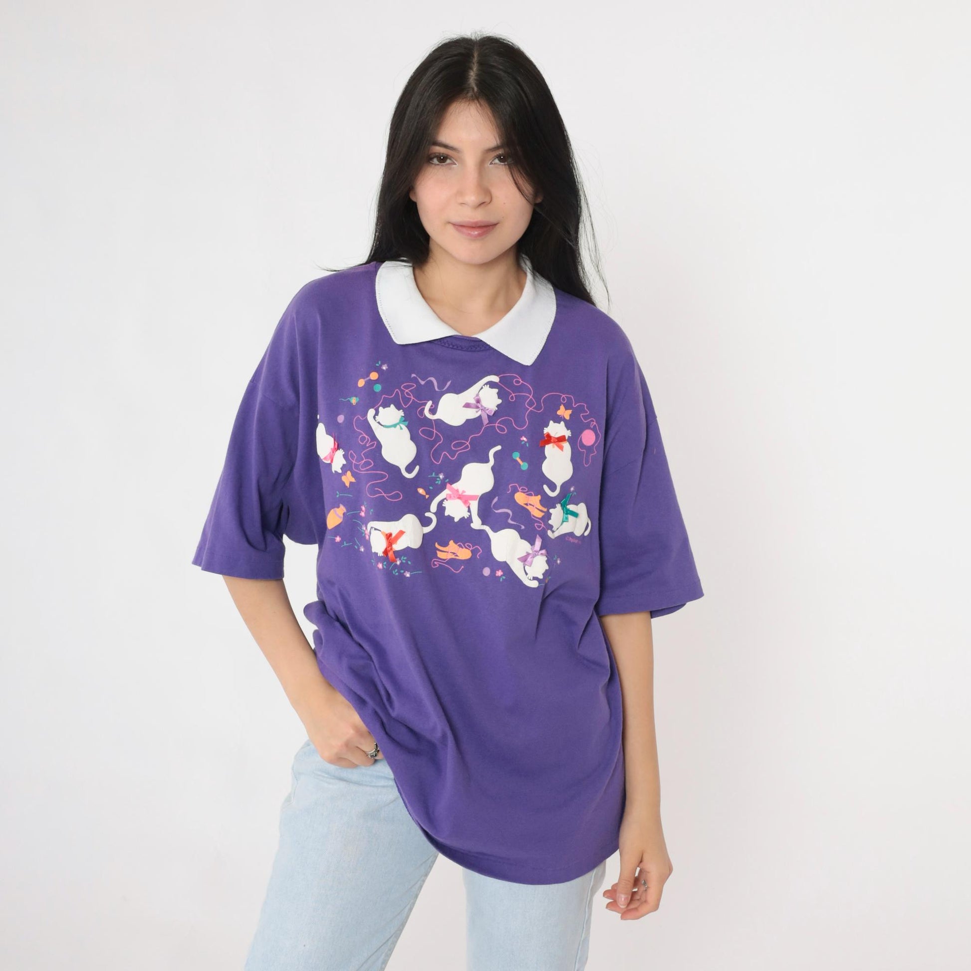 90s Purple Cat Graphic T-Shirt Bow Appliqué Collared Tee Extra Large