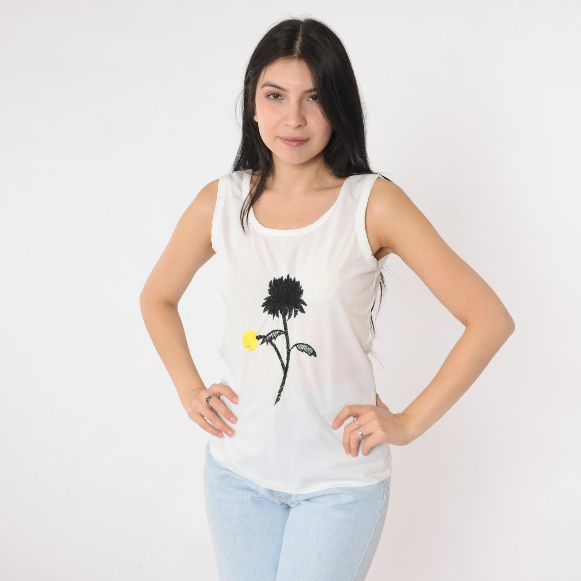 70s White Tank Top Black Yellow Floral Embroidered Rose Scoop Neck Extra Small