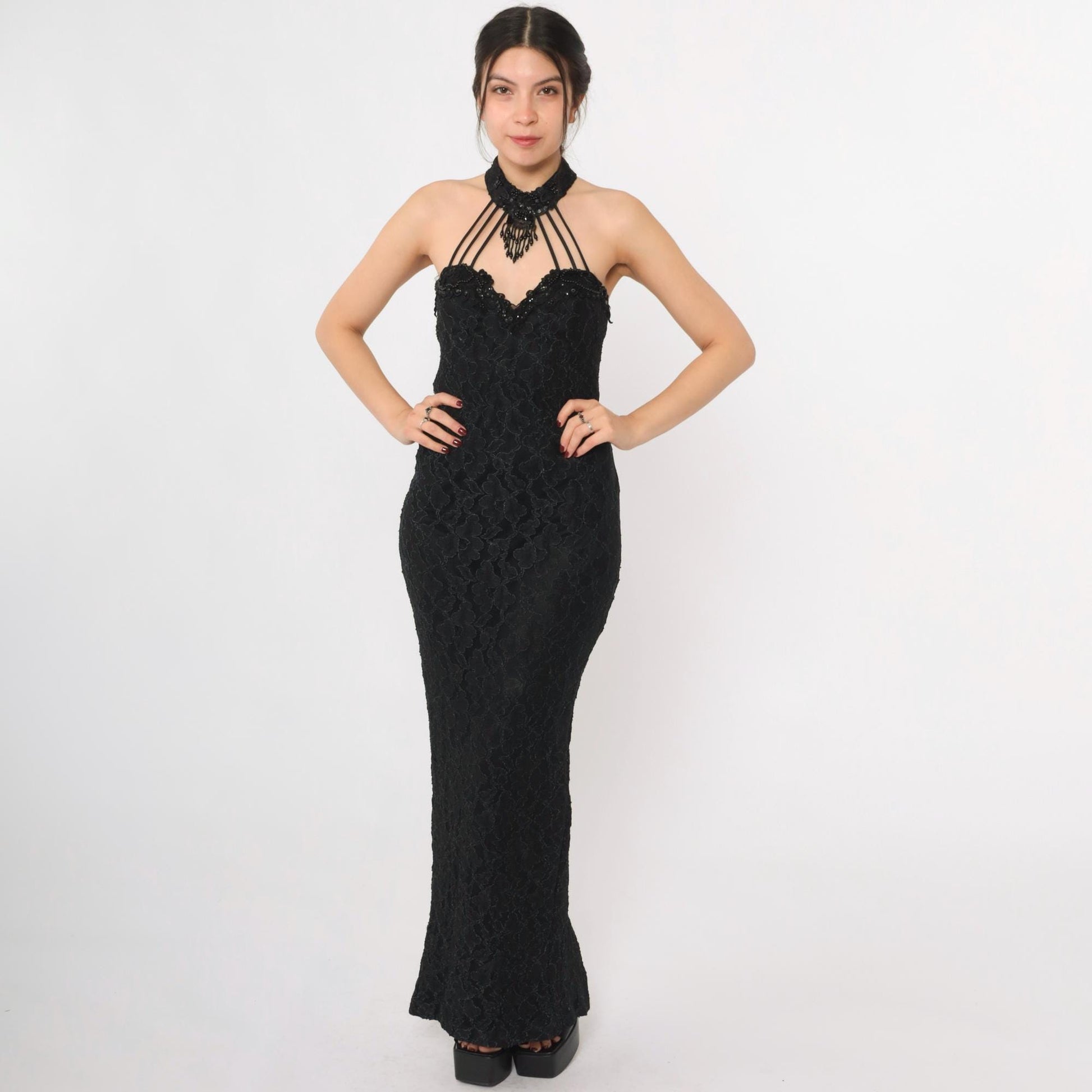 90s Black Lace Halter Maxi Gown Beaded Choker Neck Bodycon Train Medium