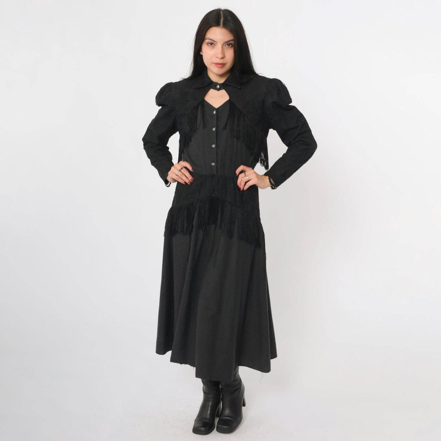80s Lilia Smitty Western Midi Dress Black Fringe Cotton Puff Sleeve Small