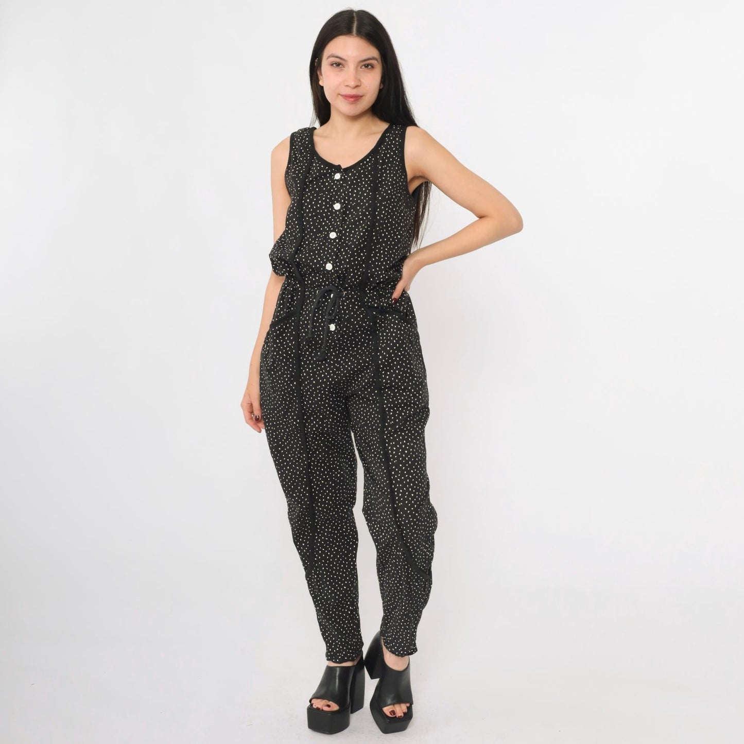 80s La Blanca Black Jumpsuit Confetti Dot Print Sleeveless Button Front Small
