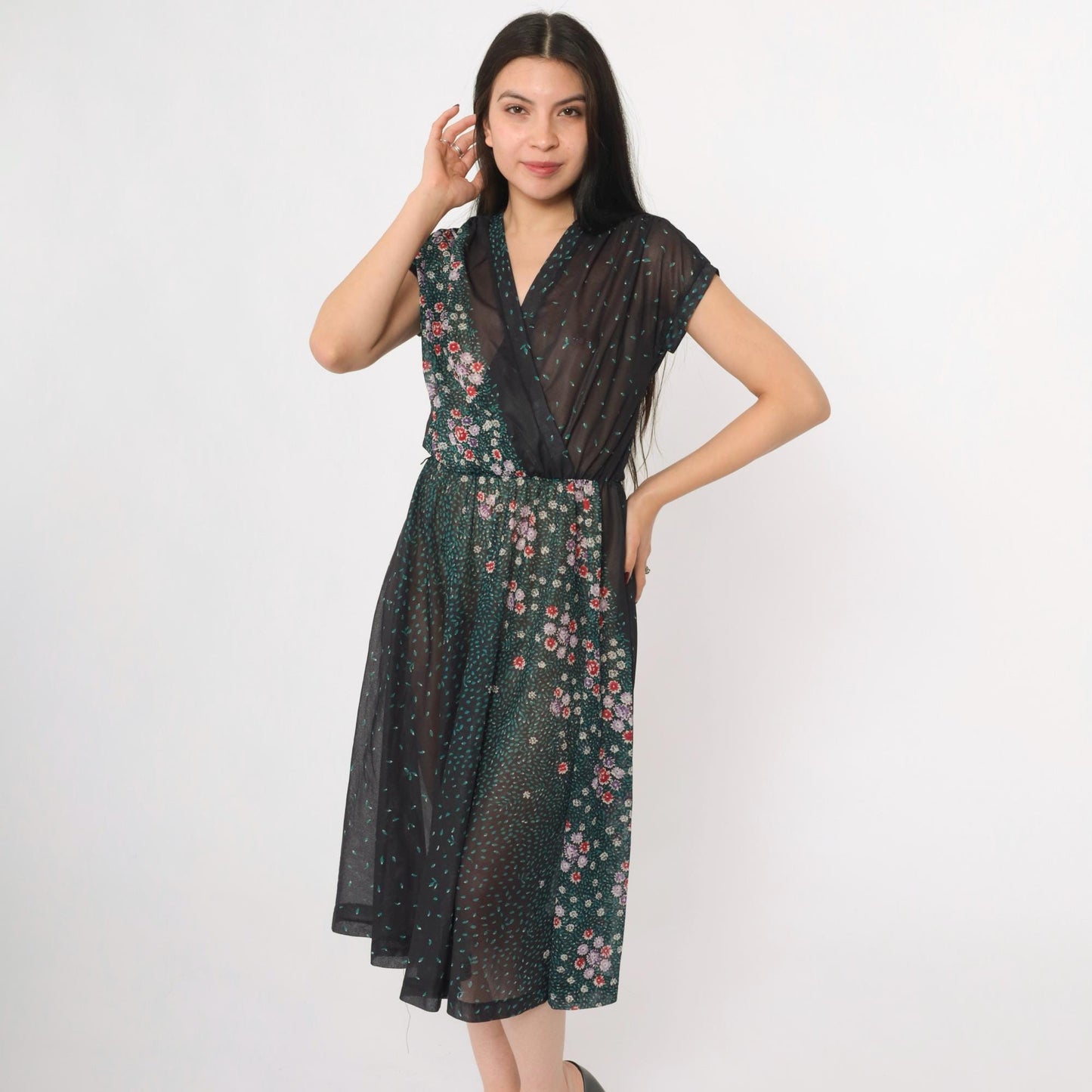 70s Black Floral Sheer Midi Dress Faux Wrap V Neck Cap Sleeve Small