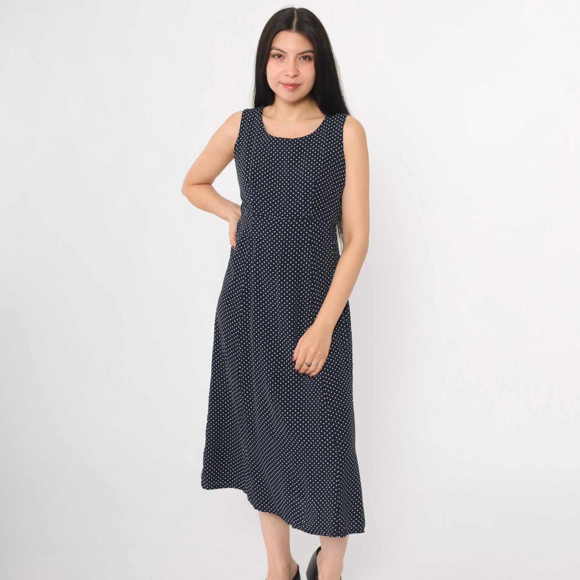 90s Navy Polka Dot Midi Dress Sleeveless High Waist Button Back Small