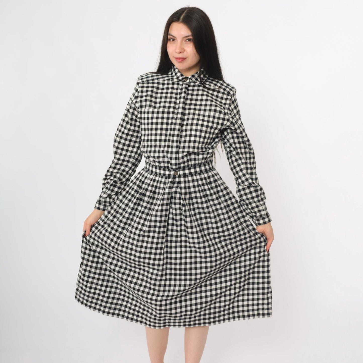80s Charter Club Gingham Shirt Dress Black White Midi Cotton Small