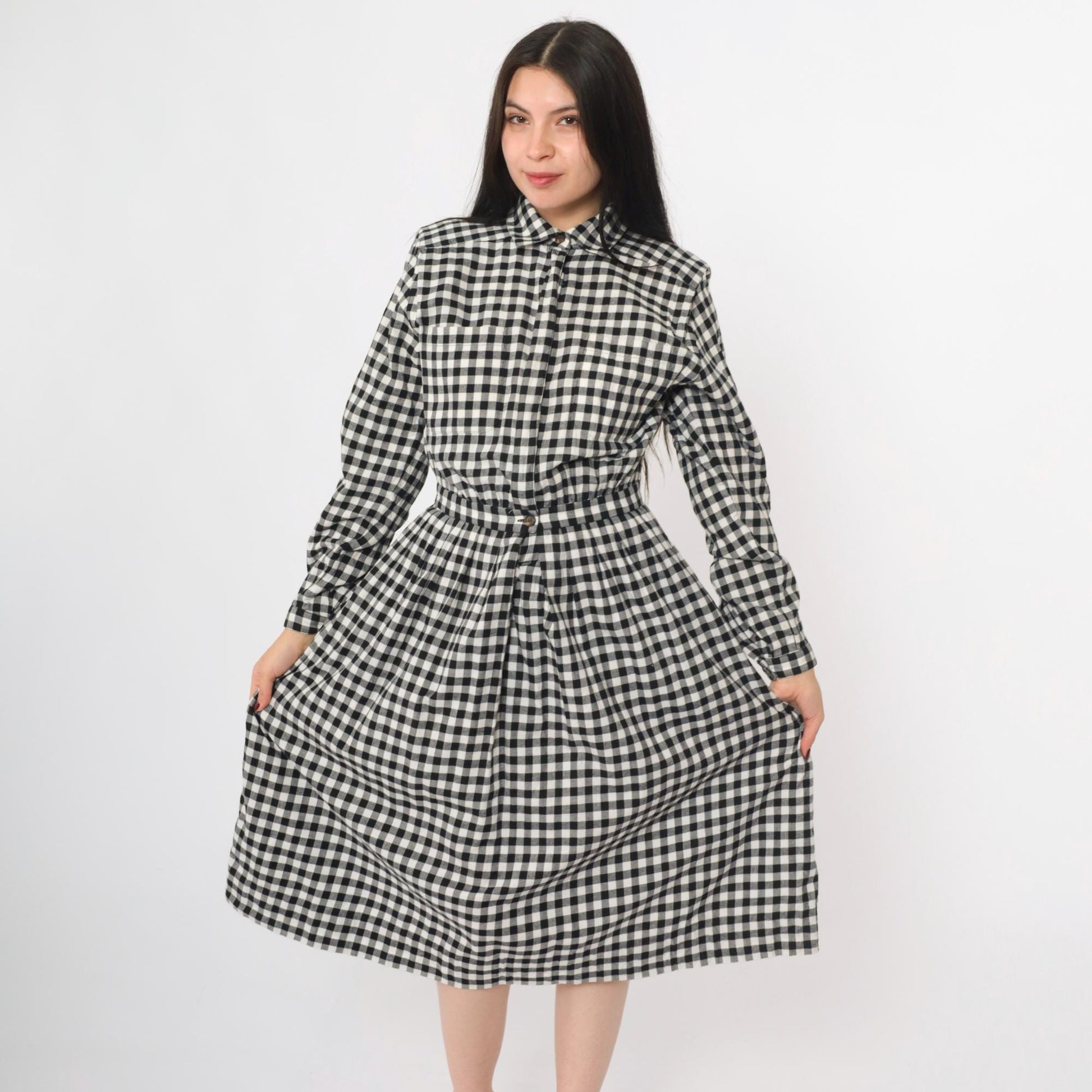 80s Charter Club Gingham Shirt Dress Black White Midi Cotton Small