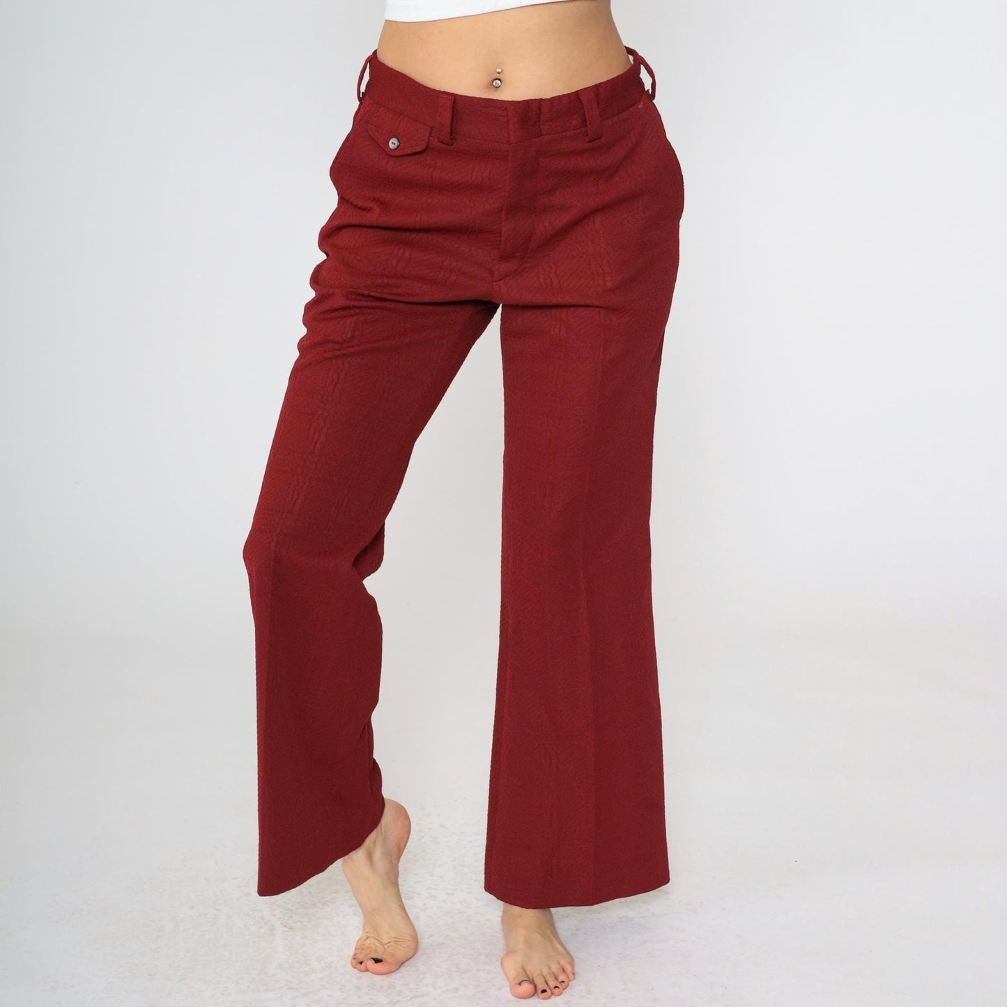 70s Burgundy Flared Trousers High Waist Textured Polyester Medium