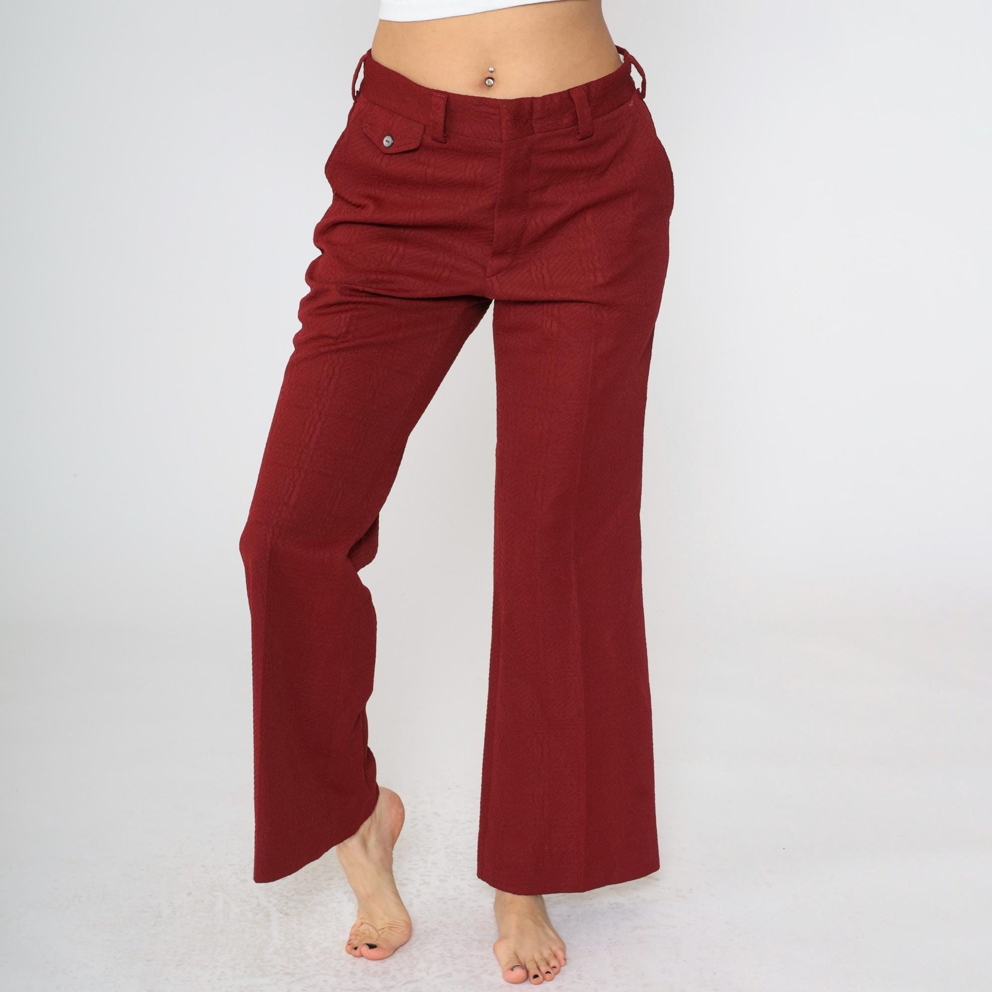 70s Burgundy Flared Trousers High Waist Textured Polyester Medium