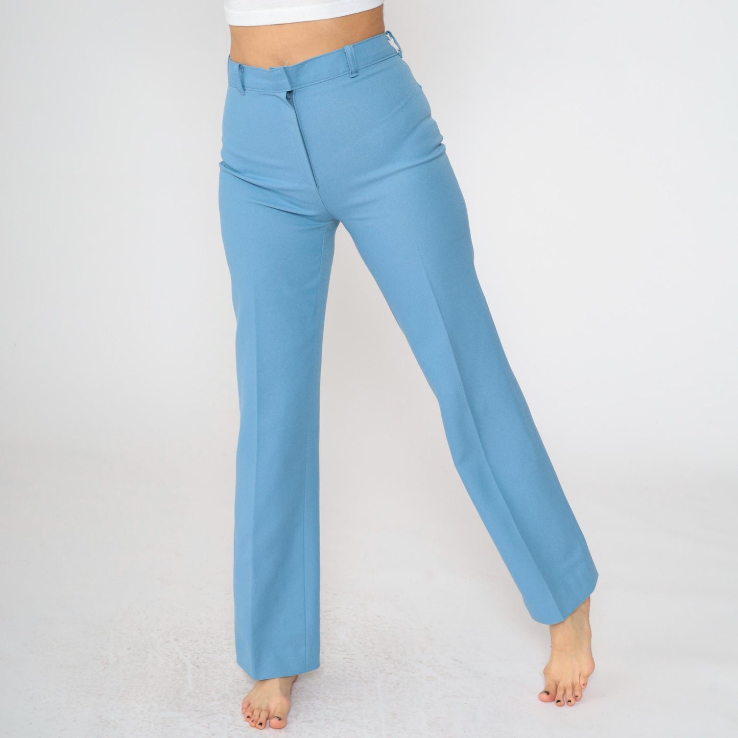 70s Western Straight Leg Trousers Blue High Rise Creased Small