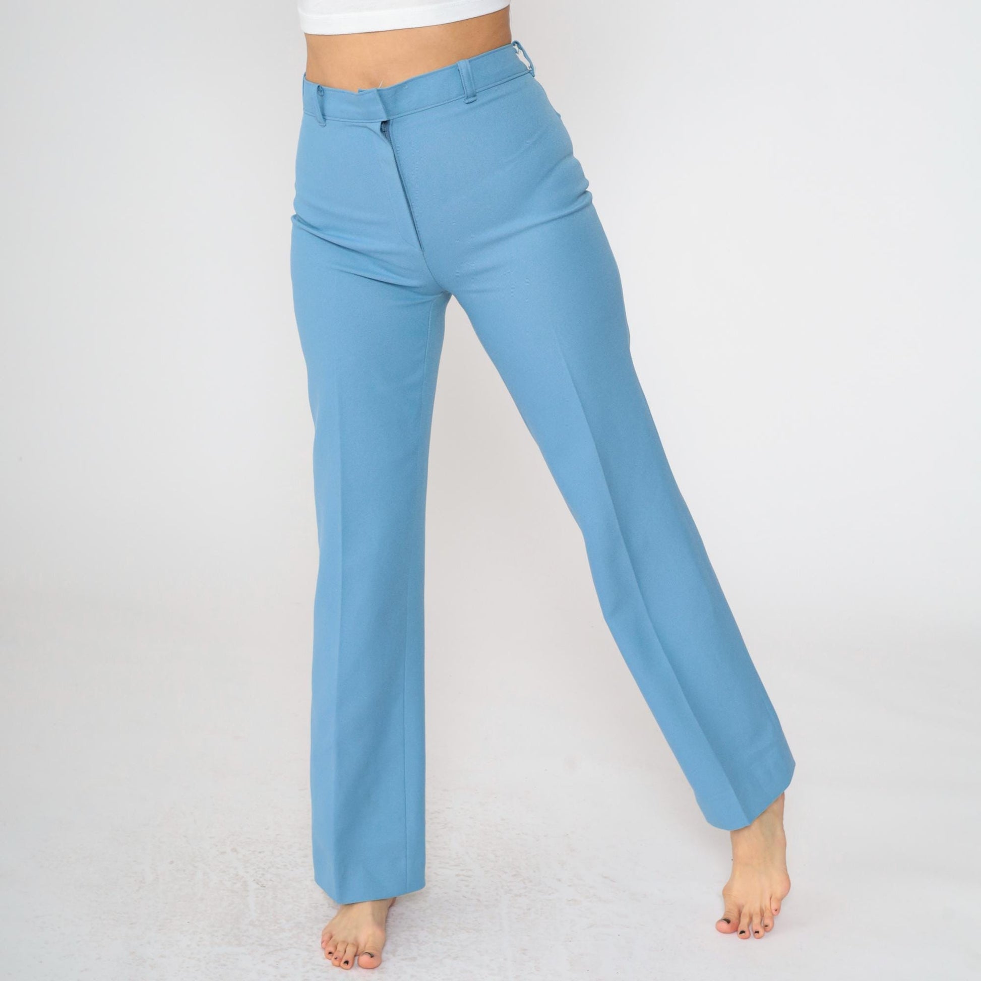 70s Western Straight Leg Trousers Blue High Rise Creased Small