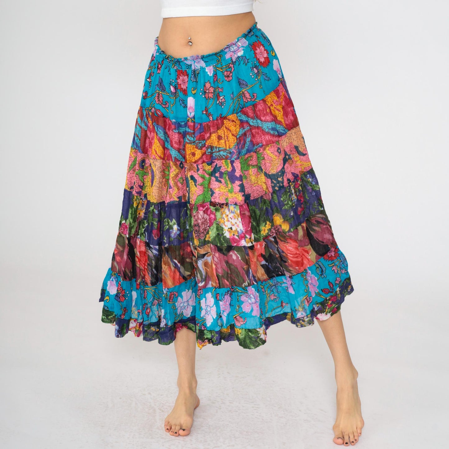 90s Broomstick Midi Skirt Blue Floral Patchwork Tiered Cotton Small