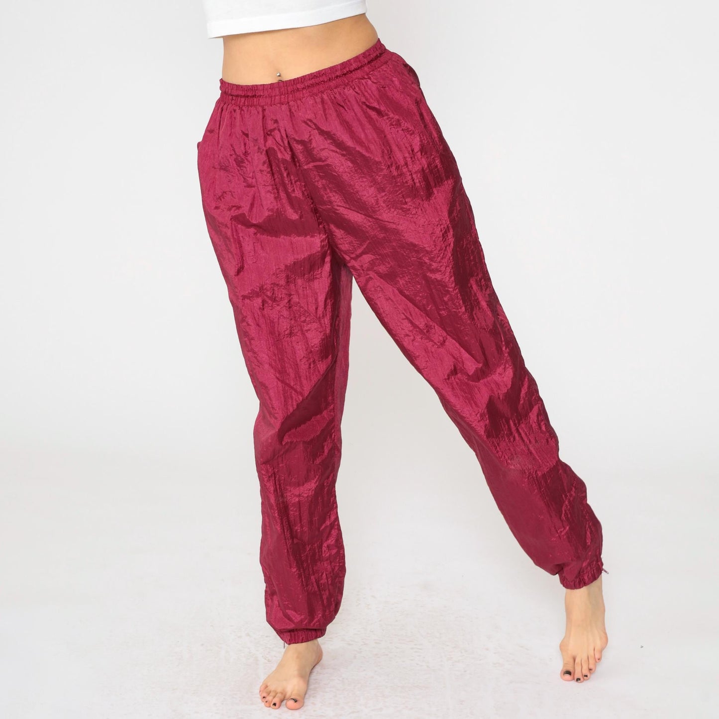 90s Burgundy Nylon Track Pants Drawstring Waist Small