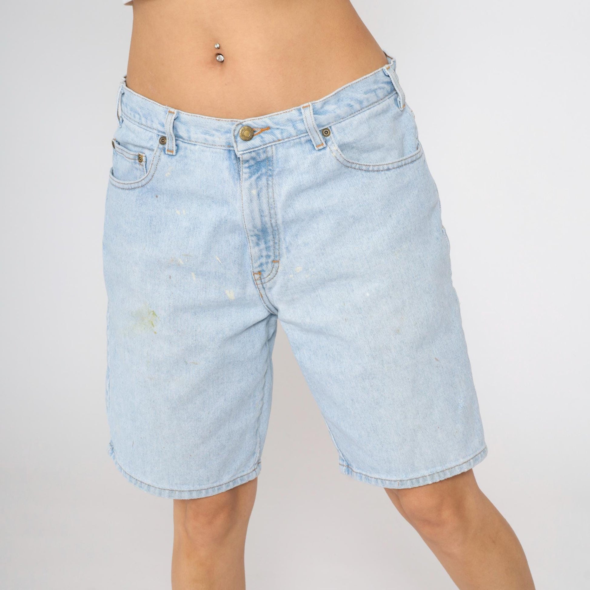 Y2K Eddie Bauer High-Waisted Denim Shorts Blue Paint Distressed Men's 34