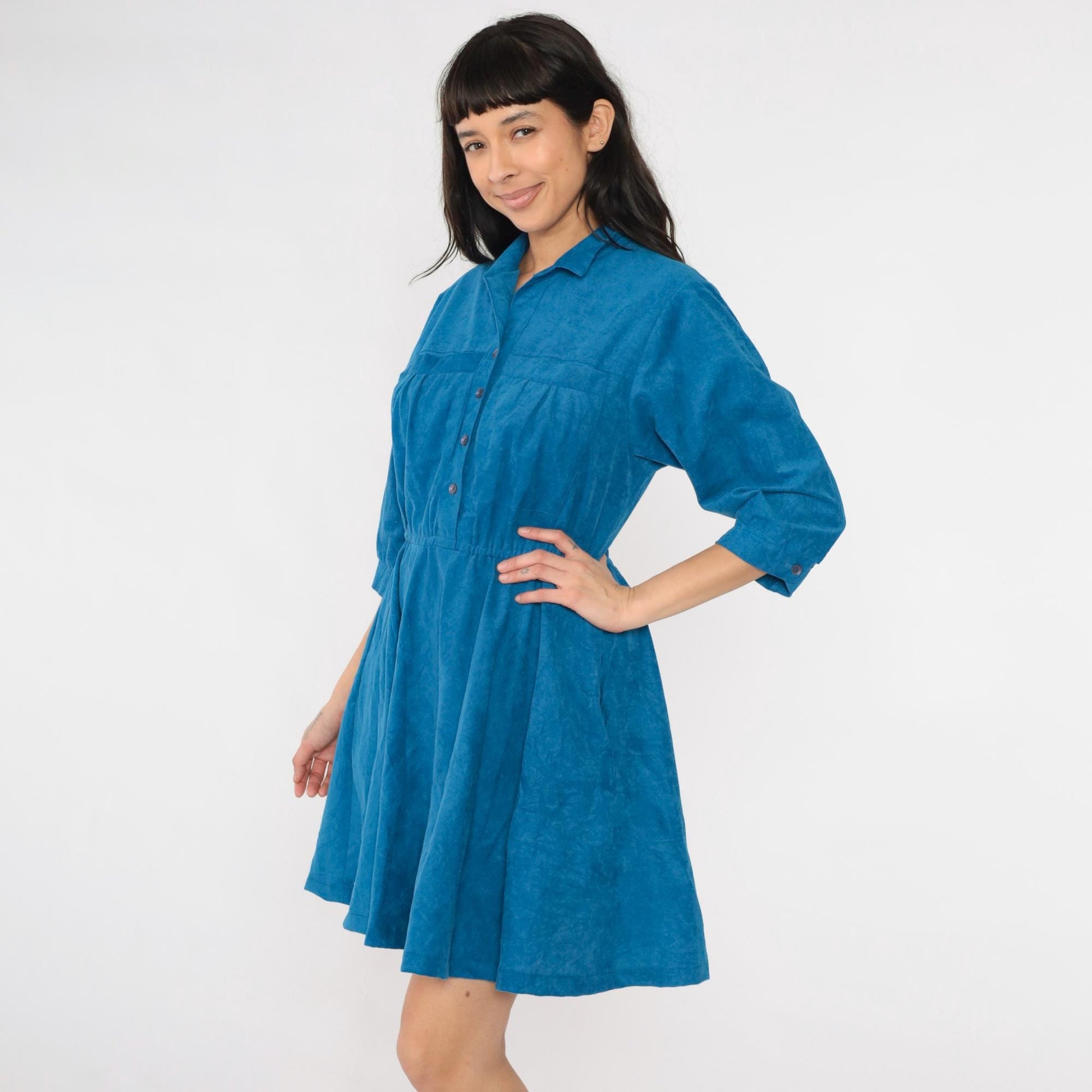 80s Blue Velour Mini Shirtdress High Waist Button Up A-Line Medium