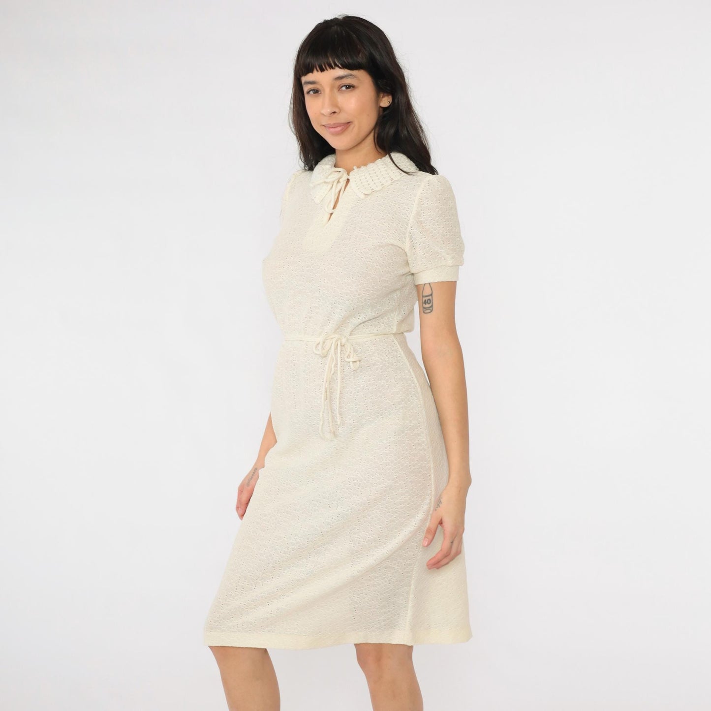 70s Sears Cream Knit Midi Dress Puff Sleeve Keyhole Neck Extra Small