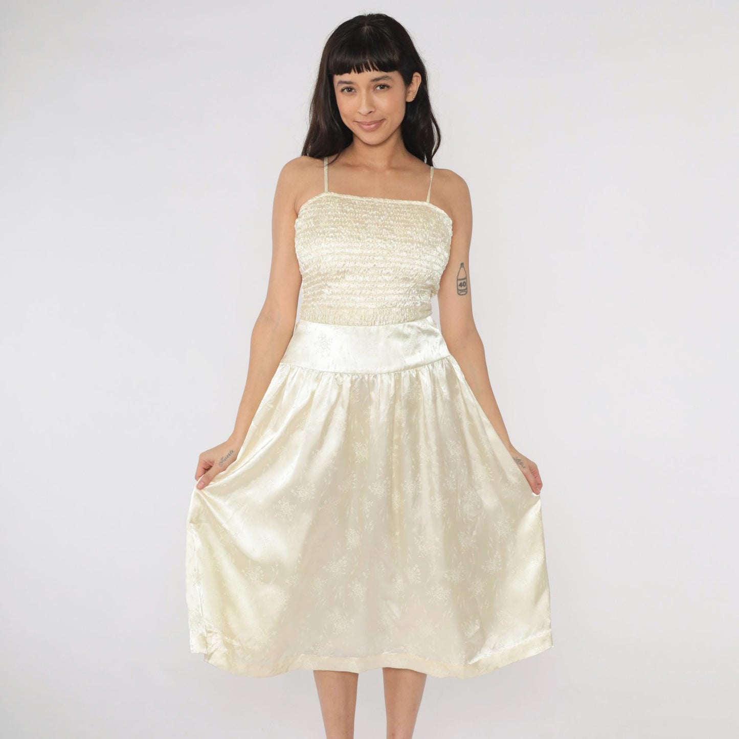 80s Ivory Satin Jacquard Midi Dress Ruched Bodice Spaghetti Strap Small