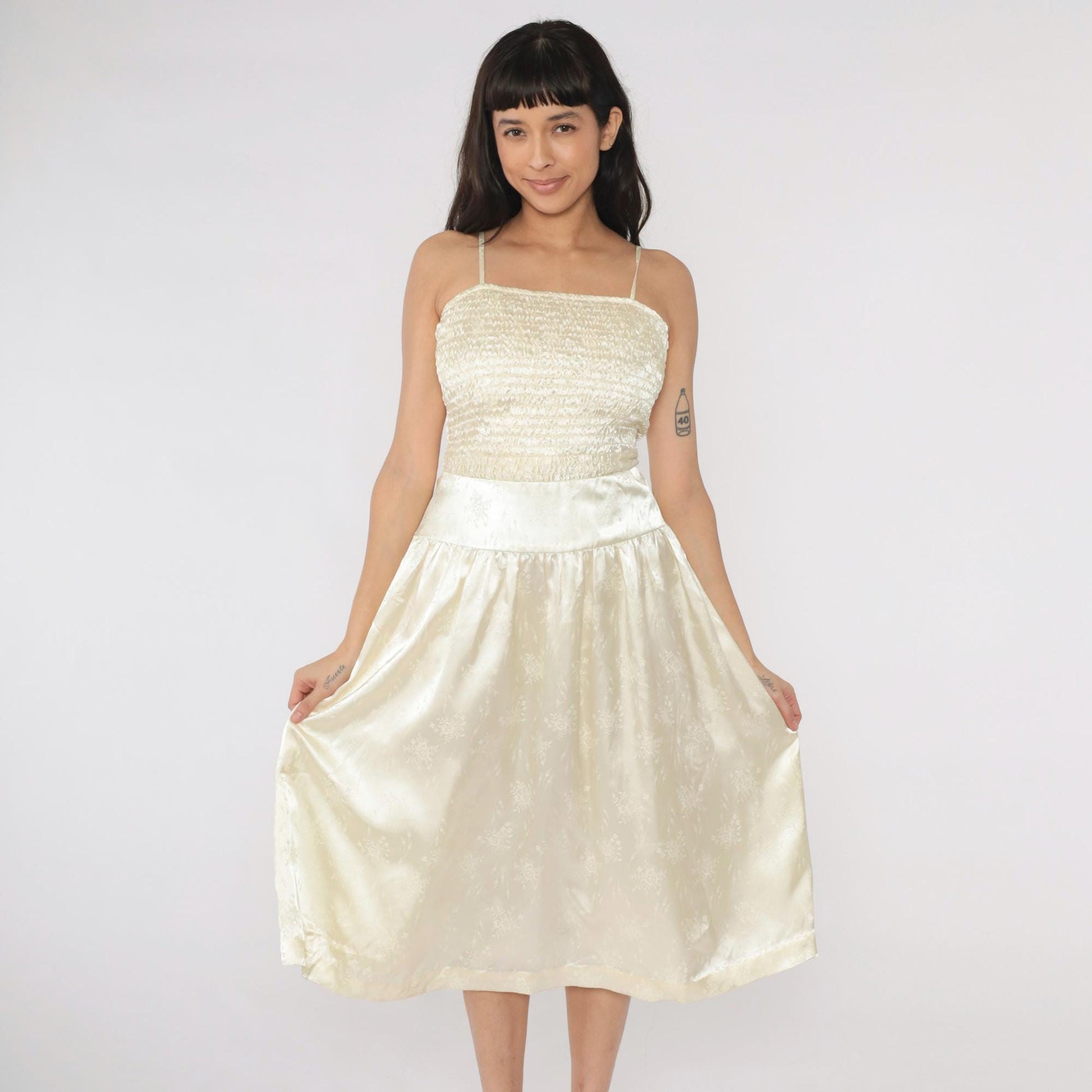 80s Ivory Satin Jacquard Midi Dress Ruched Bodice Spaghetti Strap Small