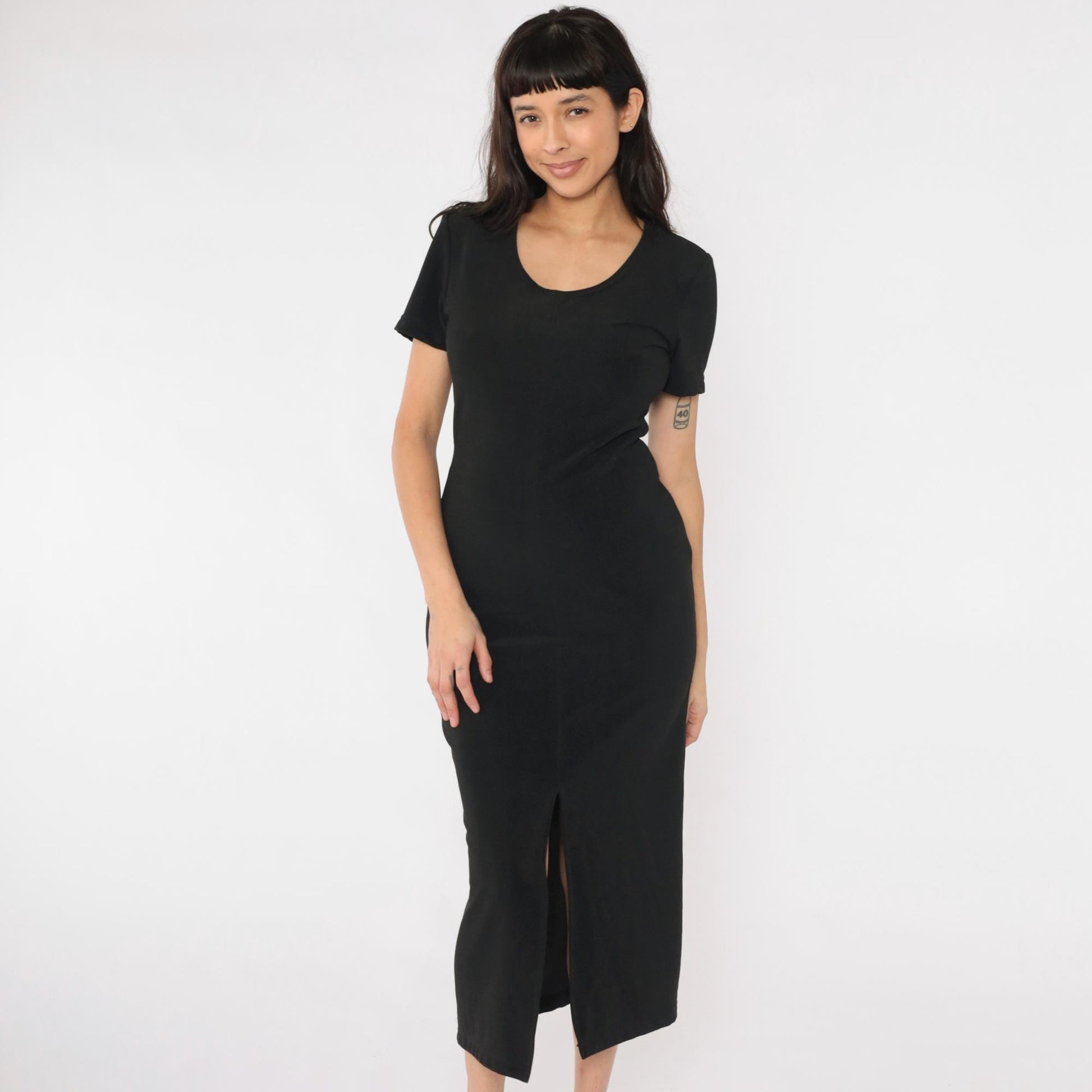 90s Black Bodycon Midi Dress Front Slit Scoop Neck Short Sleeve Medium