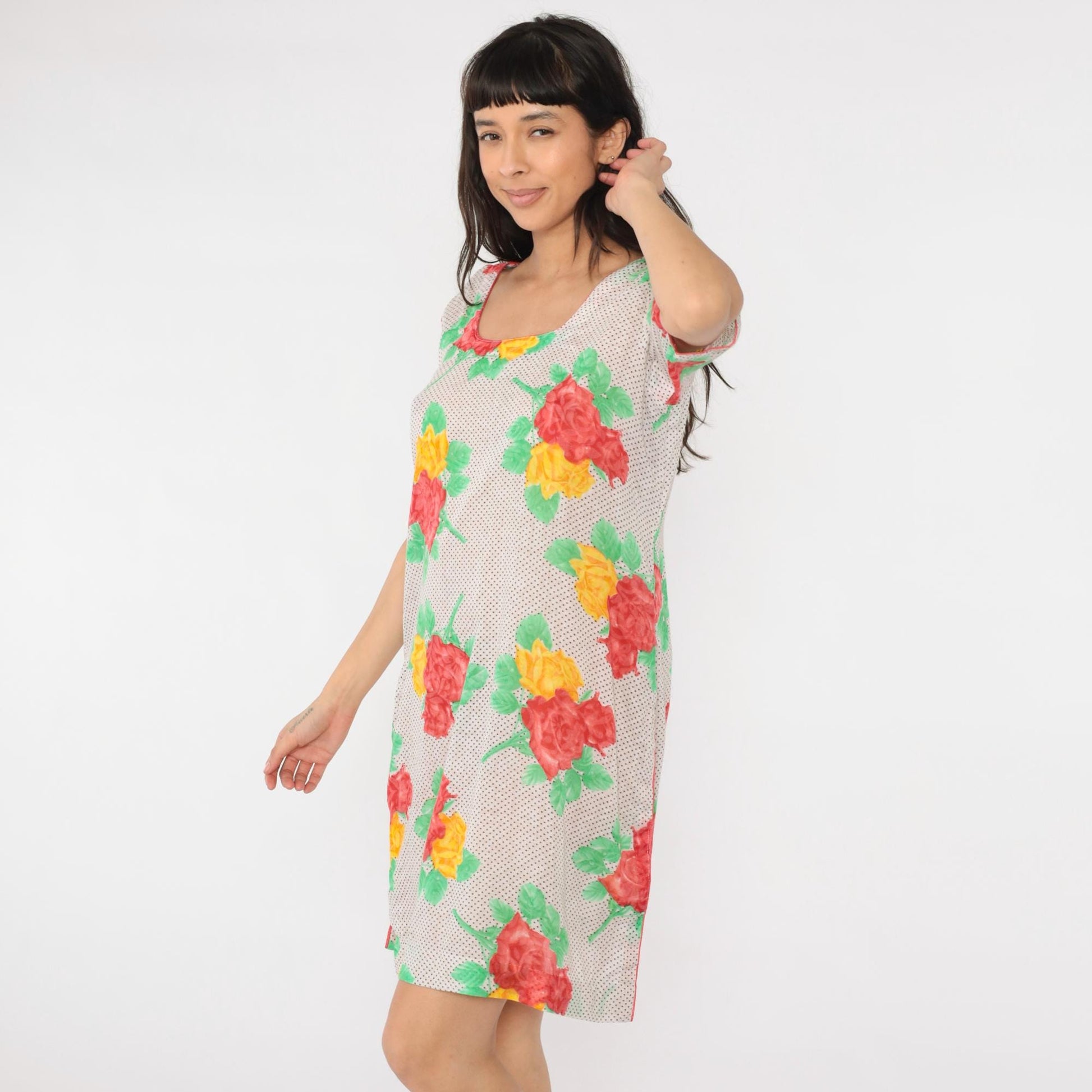 Y2K Polka Dot Floral Mini Dress Short Sleeve Shift Red Yellow Medium