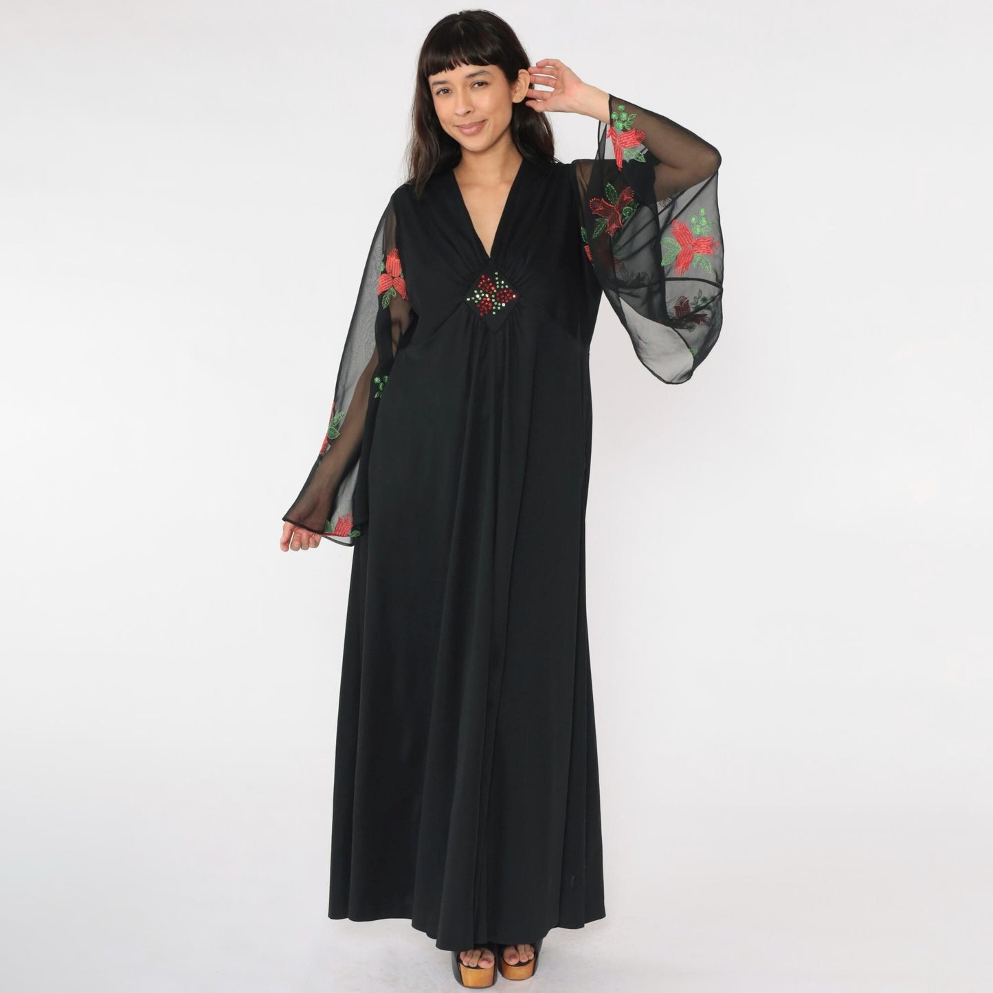 70s Black Maxi Dress Angel Sleeve Floral Embroidered Empire Waist Large