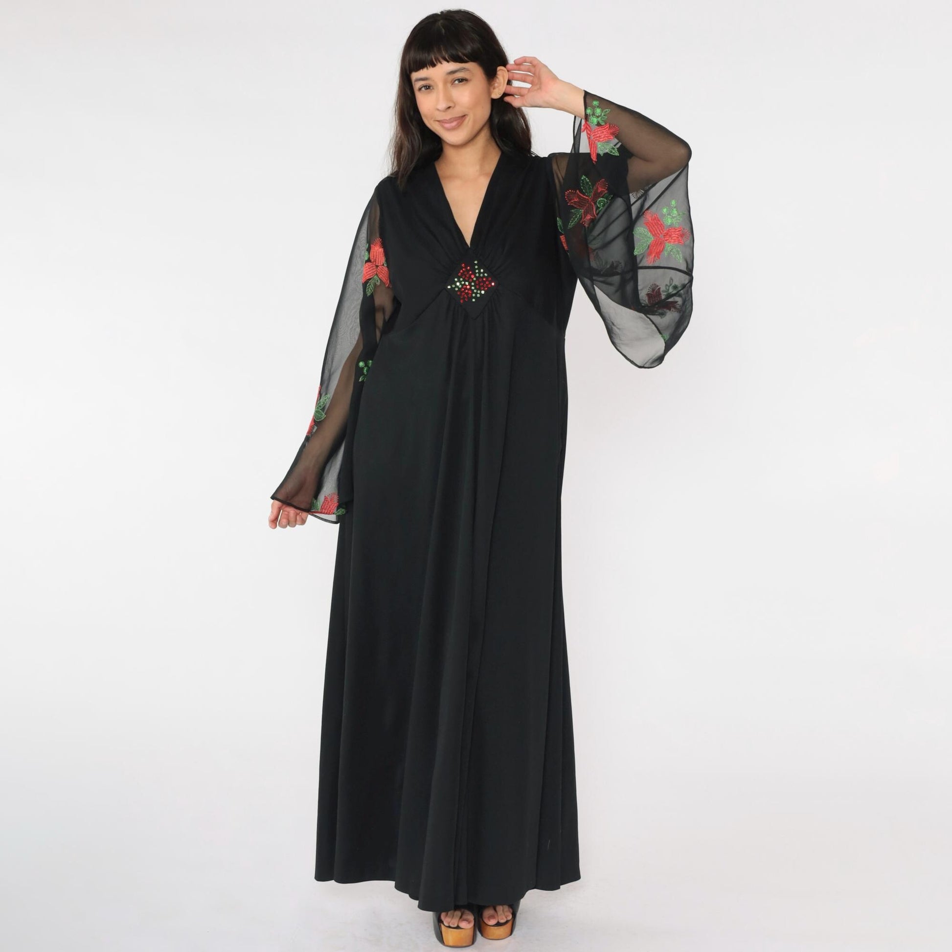 70s Black Maxi Dress Angel Sleeve Floral Embroidered Empire Waist Large
