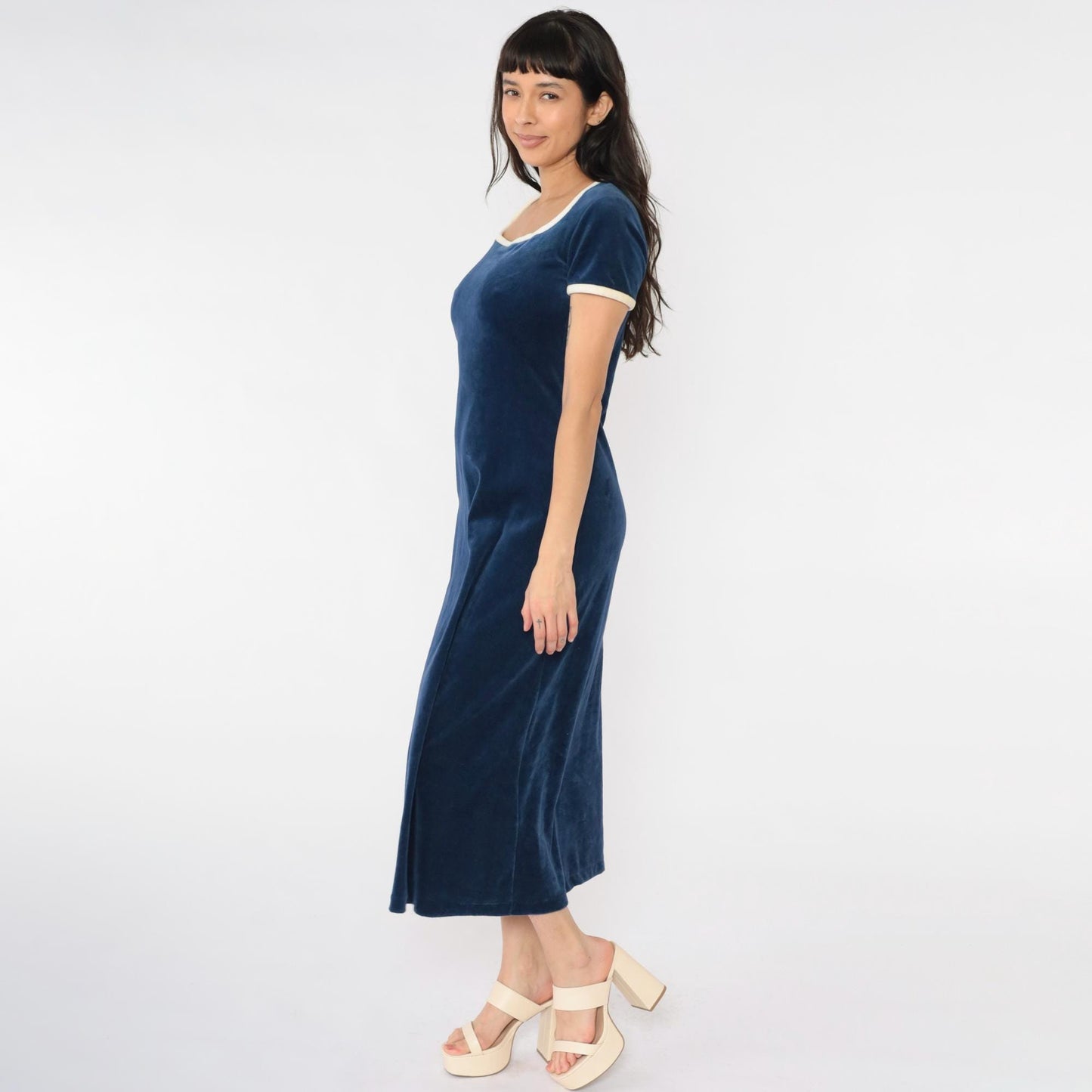 70s Navy Velour Maxi Lounge Dress Cream Trim Scoop Neck Medium M