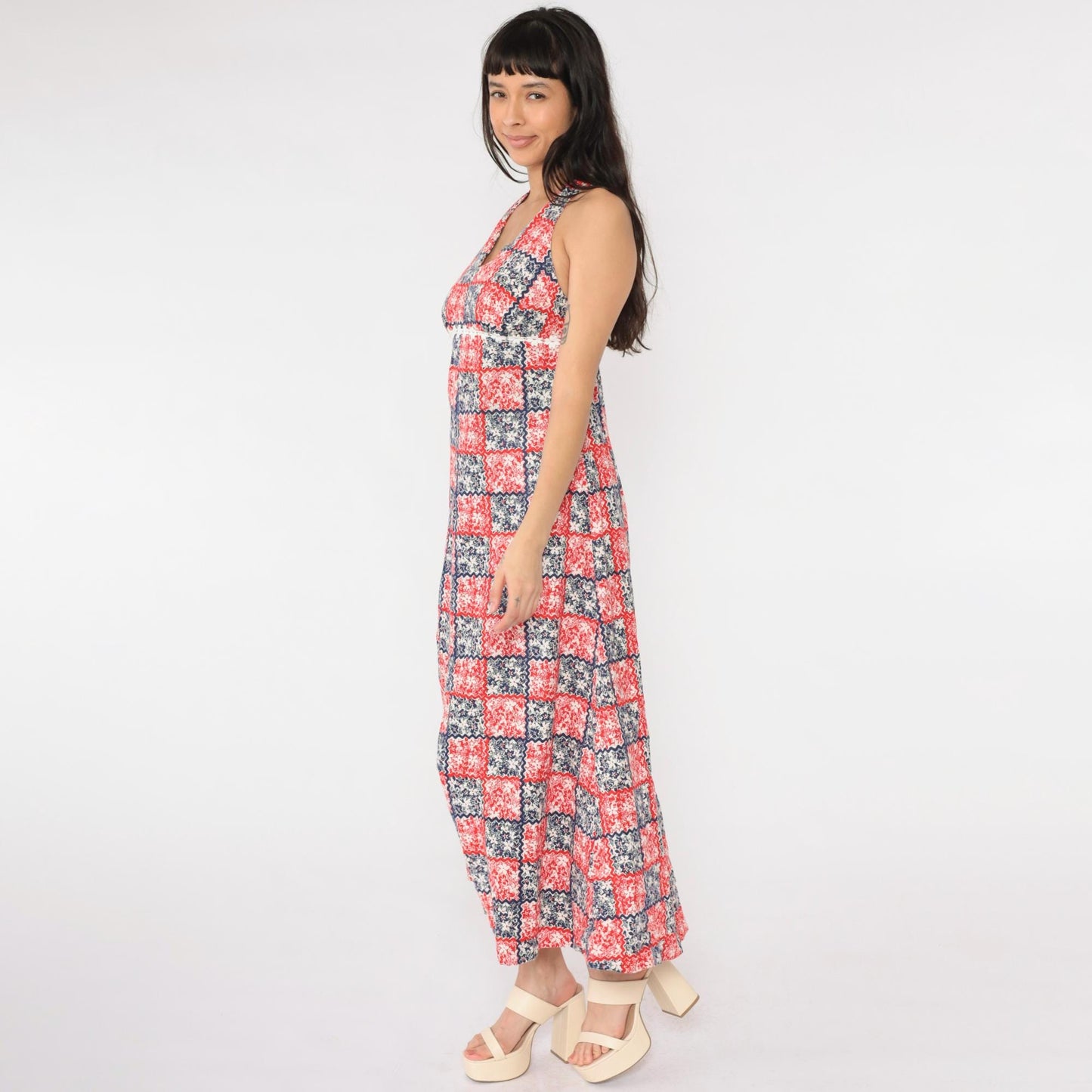 70s Patchwork Floral Maxi Halter Dress Red White Blue Empire Waist Small