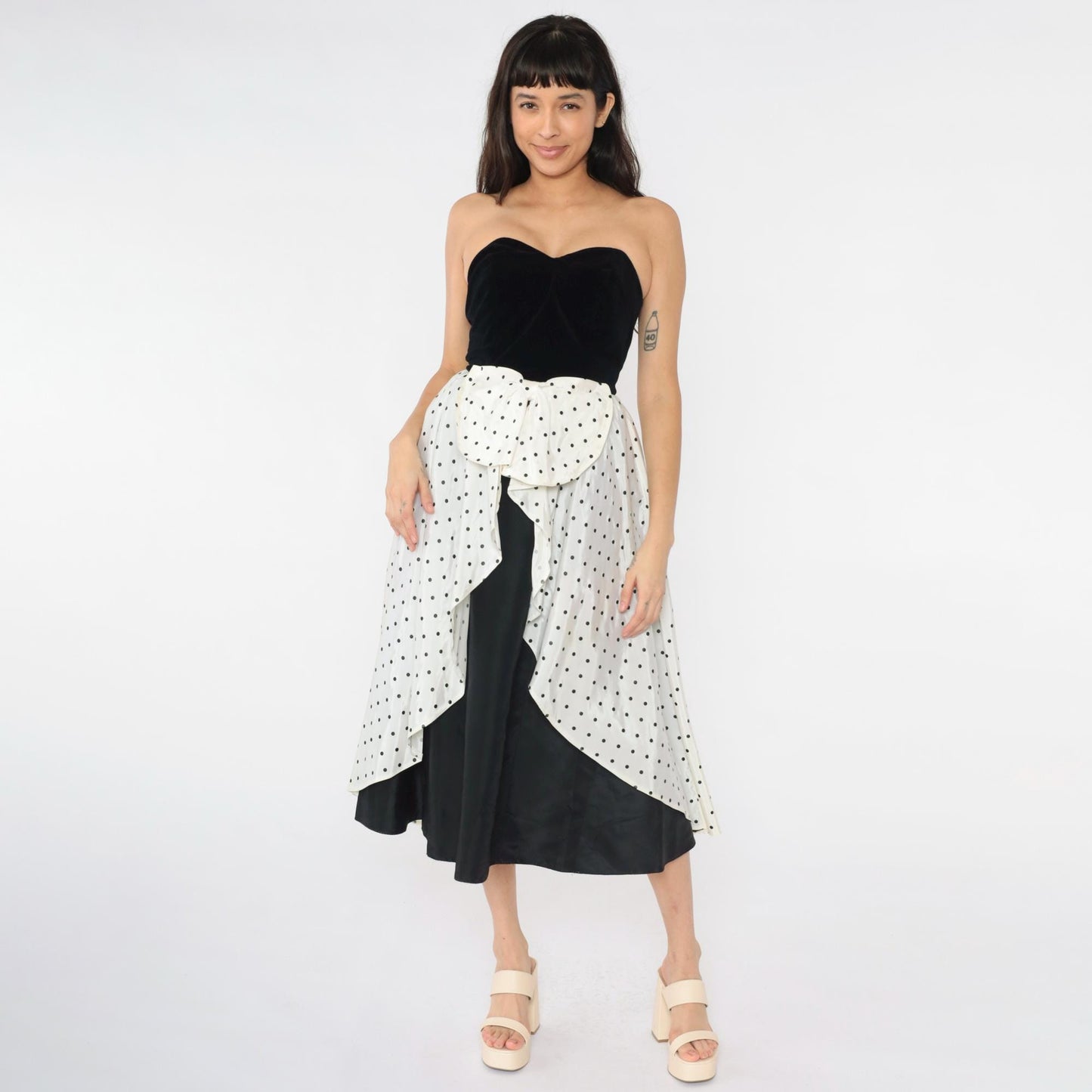 80s Yessica Strapless Velvet Polka Dot Midi Dress Sweetheart Neckline Black White Bow Extra Small