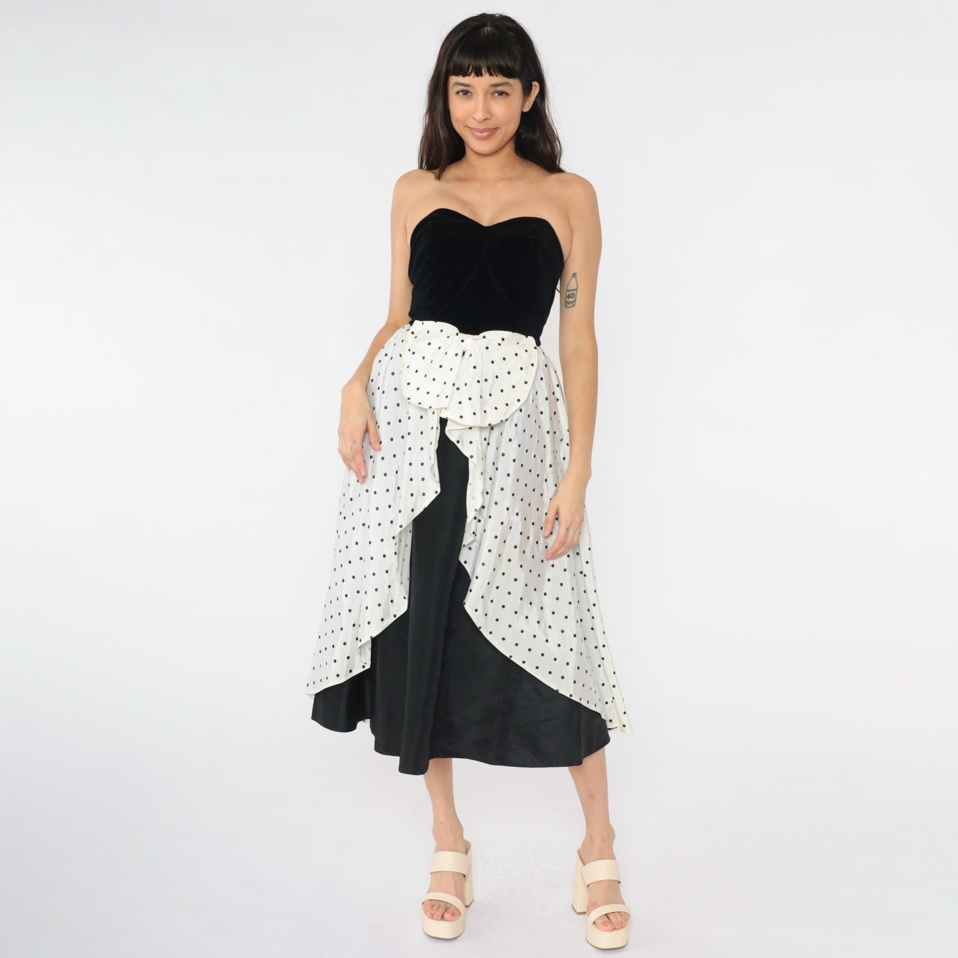 80s Yessica Strapless Velvet Polka Dot Midi Dress Sweetheart Neckline Black White Bow Extra Small